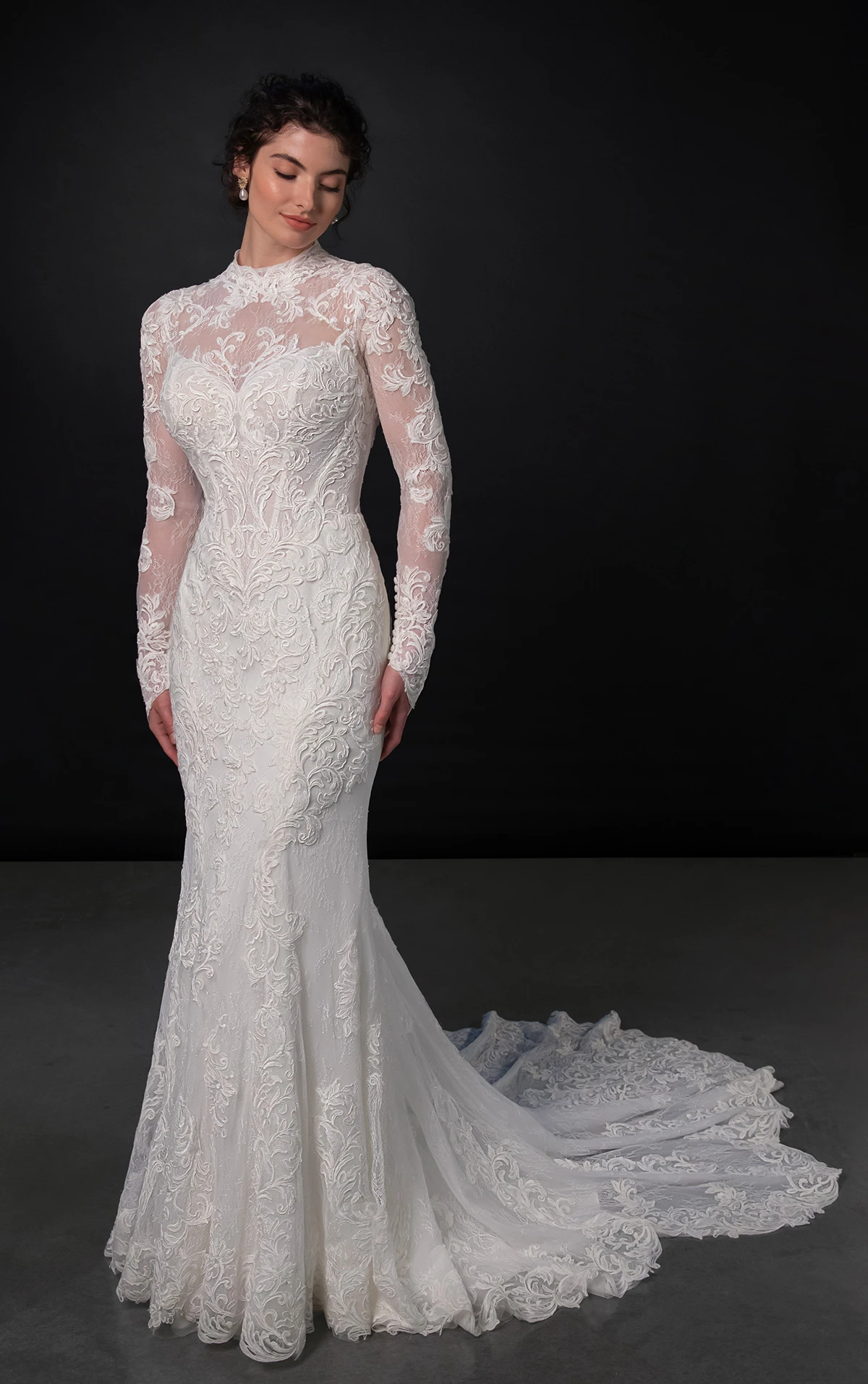 ml1995 High-Neck Lace Fit-and-Flare Wedding Dress with Detachable Overskirt  by Martina Liana