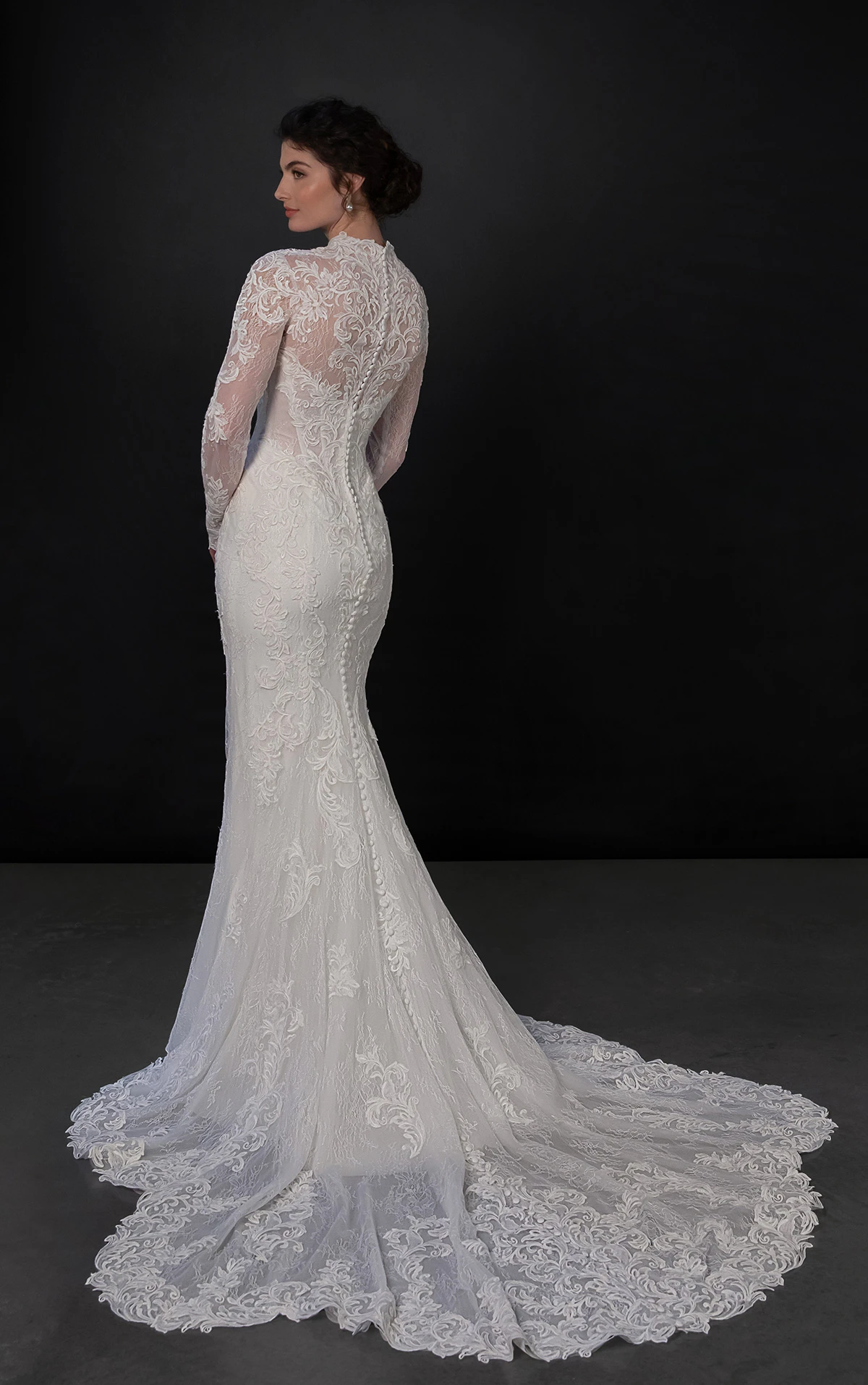 ml1995 High-Neck Lace Fit-and-Flare Wedding Dress with Detachable Overskirt  by Martina Liana