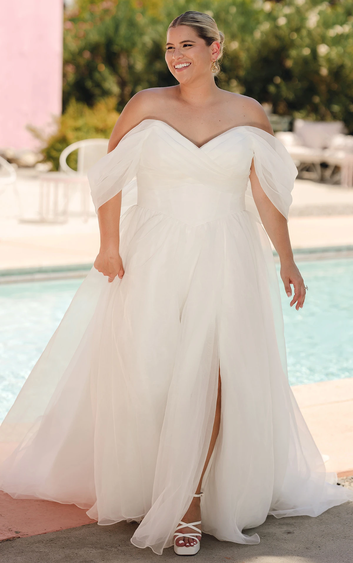 sy8215+ Plus Size Printed Organza Off-the-Shoulder Wedding Dress with Basque Waist  by Stella York