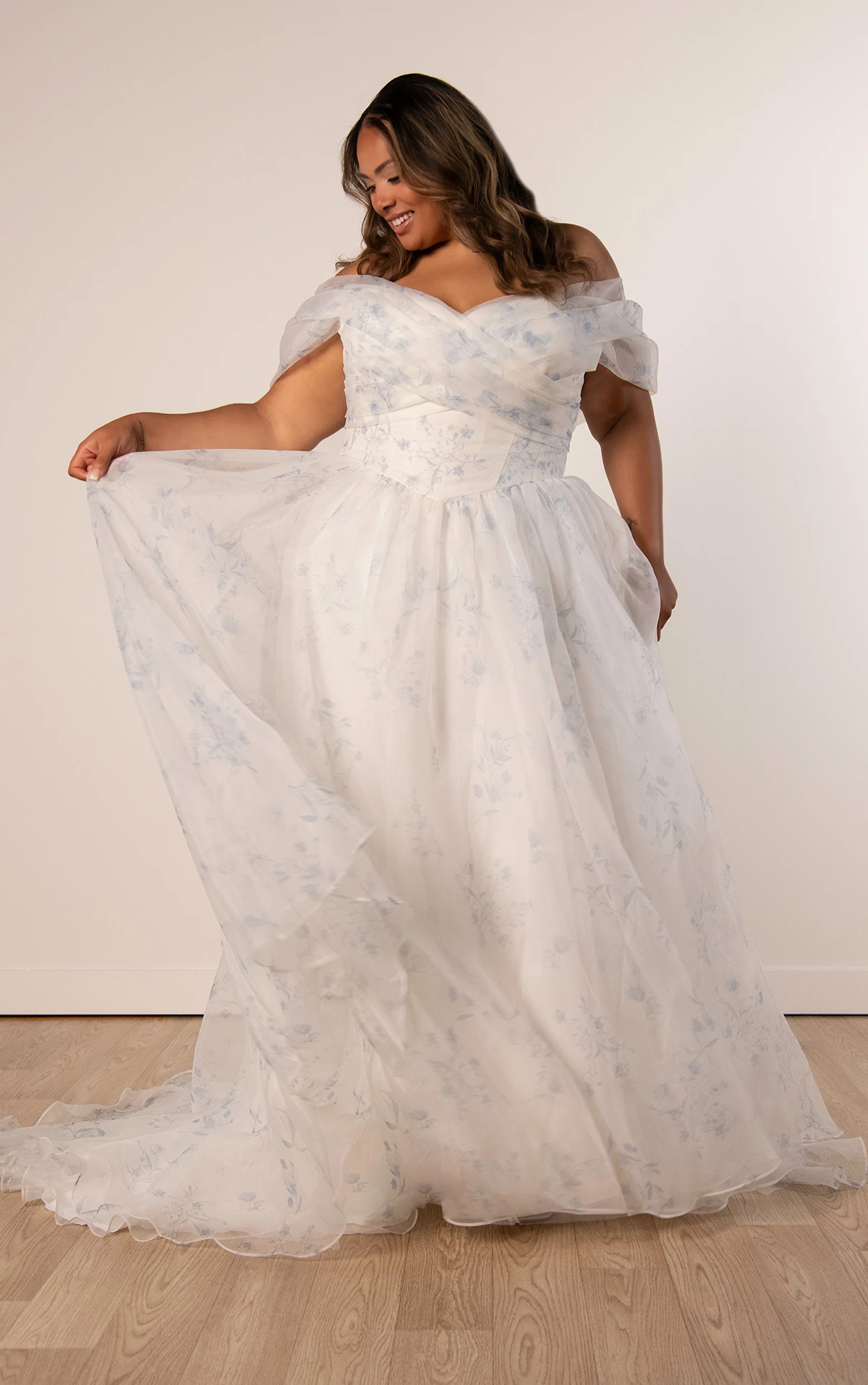 sy8215+ Plus Size Printed Organza Off-the-Shoulder Wedding Dress with Basque Waist  by Stella York