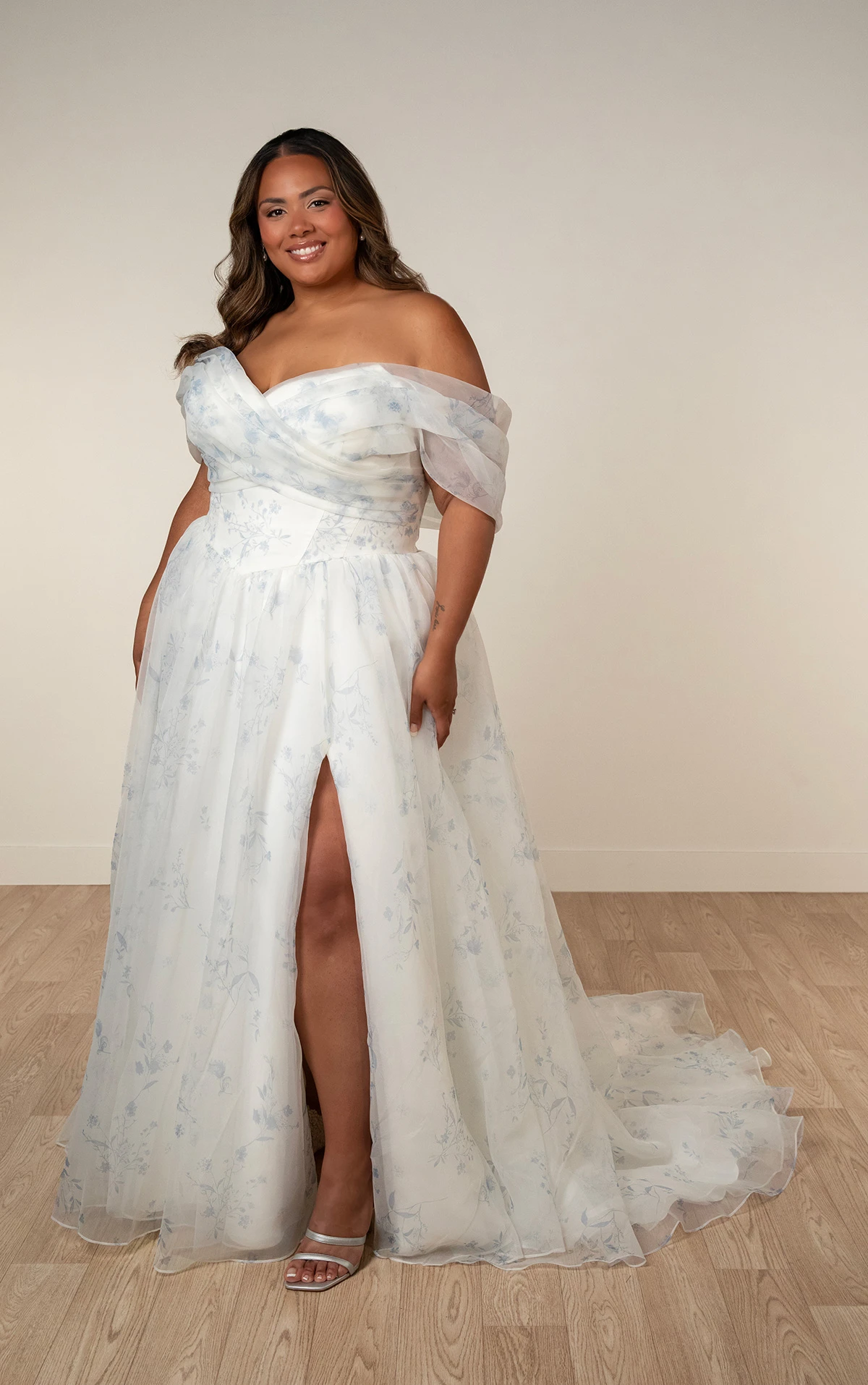 sy8215+ Plus Size Printed Organza Off-the-Shoulder Wedding Dress with Basque Waist  by Stella York