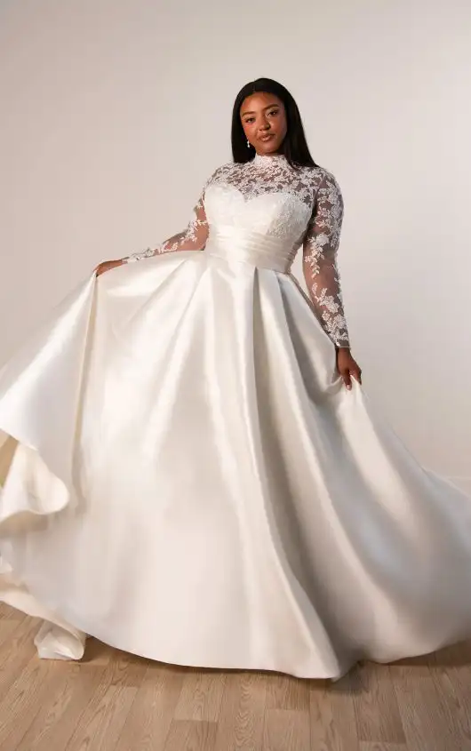 Schlichtes A-Linien-Brautkleid in Übergröße mit langen Ärmeln und hohem Ausschnitt, SY8230+, by Stella York