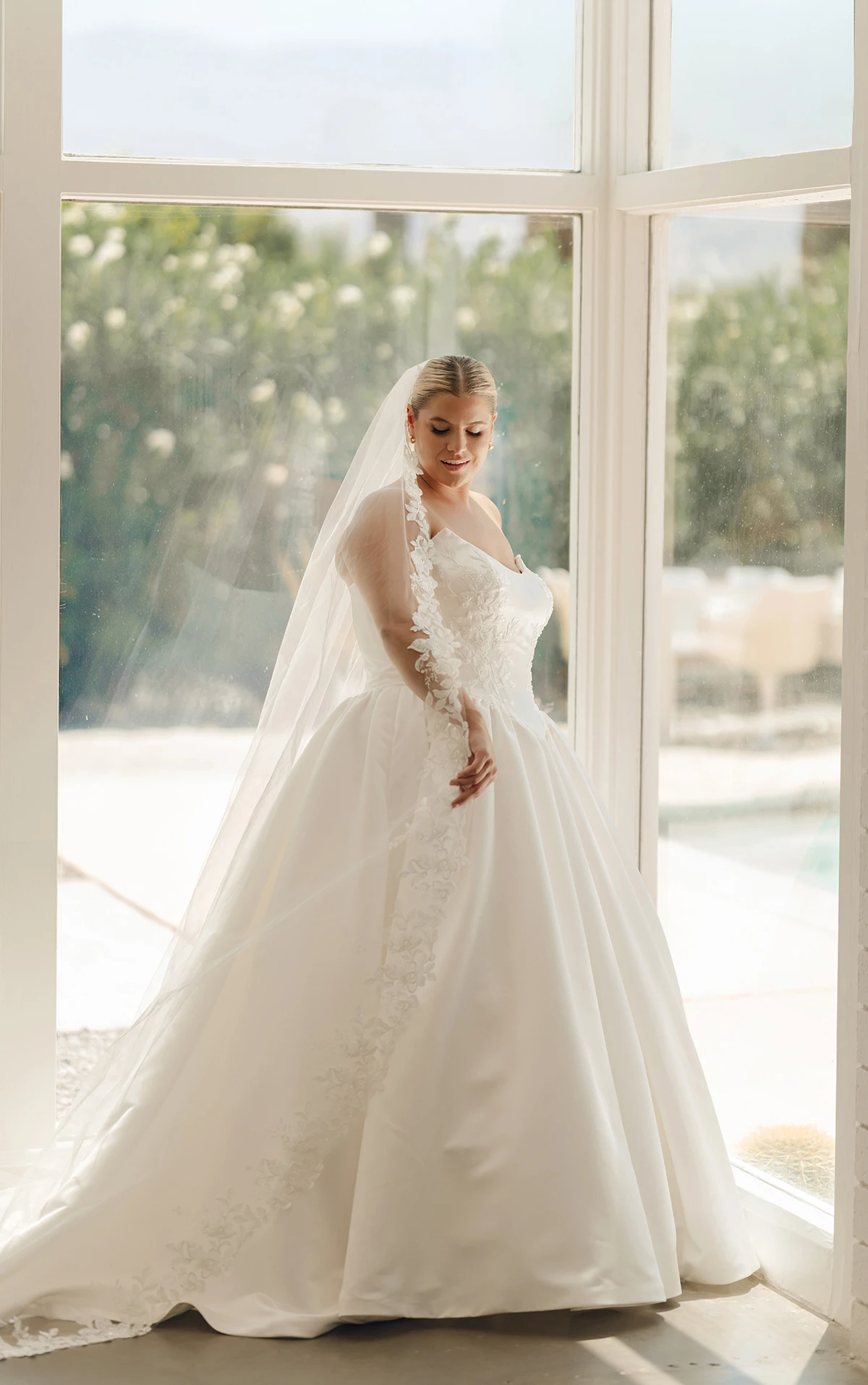 sy8239+ Strapless Plus Size Grand Satin Ballgown Wedding Dress with Cat-Eye Neckline and Sculpted Pleats  by Stella York