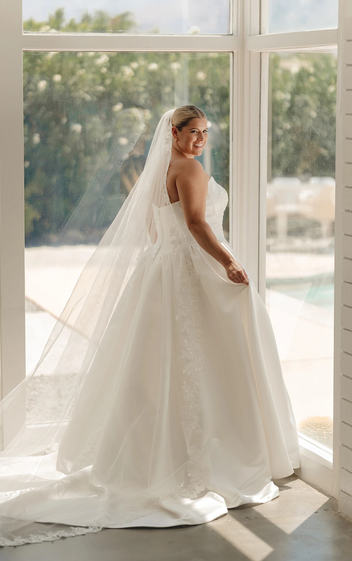 sy8239+ Strapless Plus Size Grand Satin Ballgown Wedding Dress with Cat-Eye Neckline and Sculpted Pleats  by Stella York