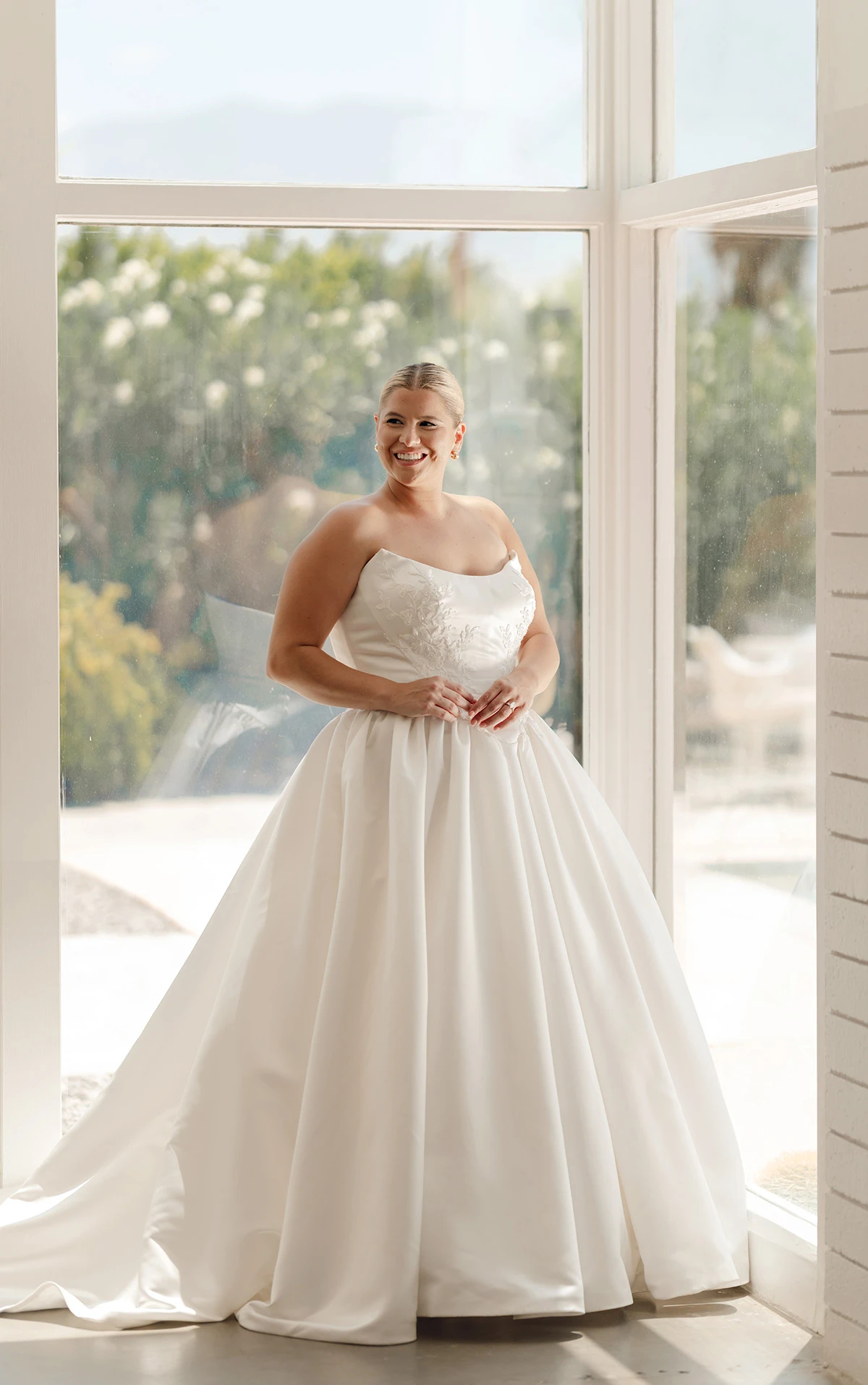 sy8239+ Strapless Plus Size Grand Satin Ballgown Wedding Dress with Cat-Eye Neckline and Sculpted Pleats  by Stella York