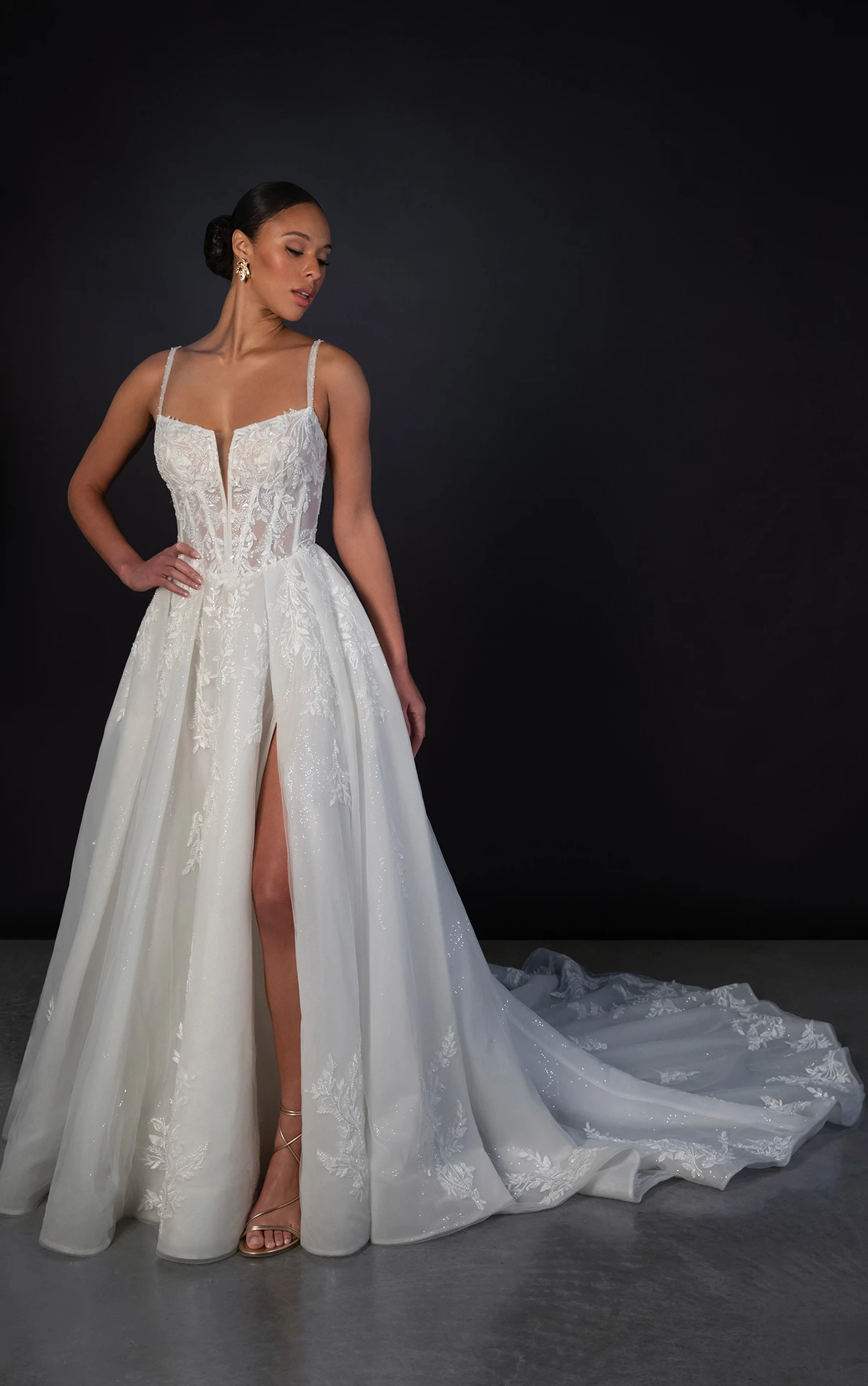 ml1833 Lace and Glitter Tulle A-Line Wedding Dress with a Romantic Princess Style  by Martina Liana