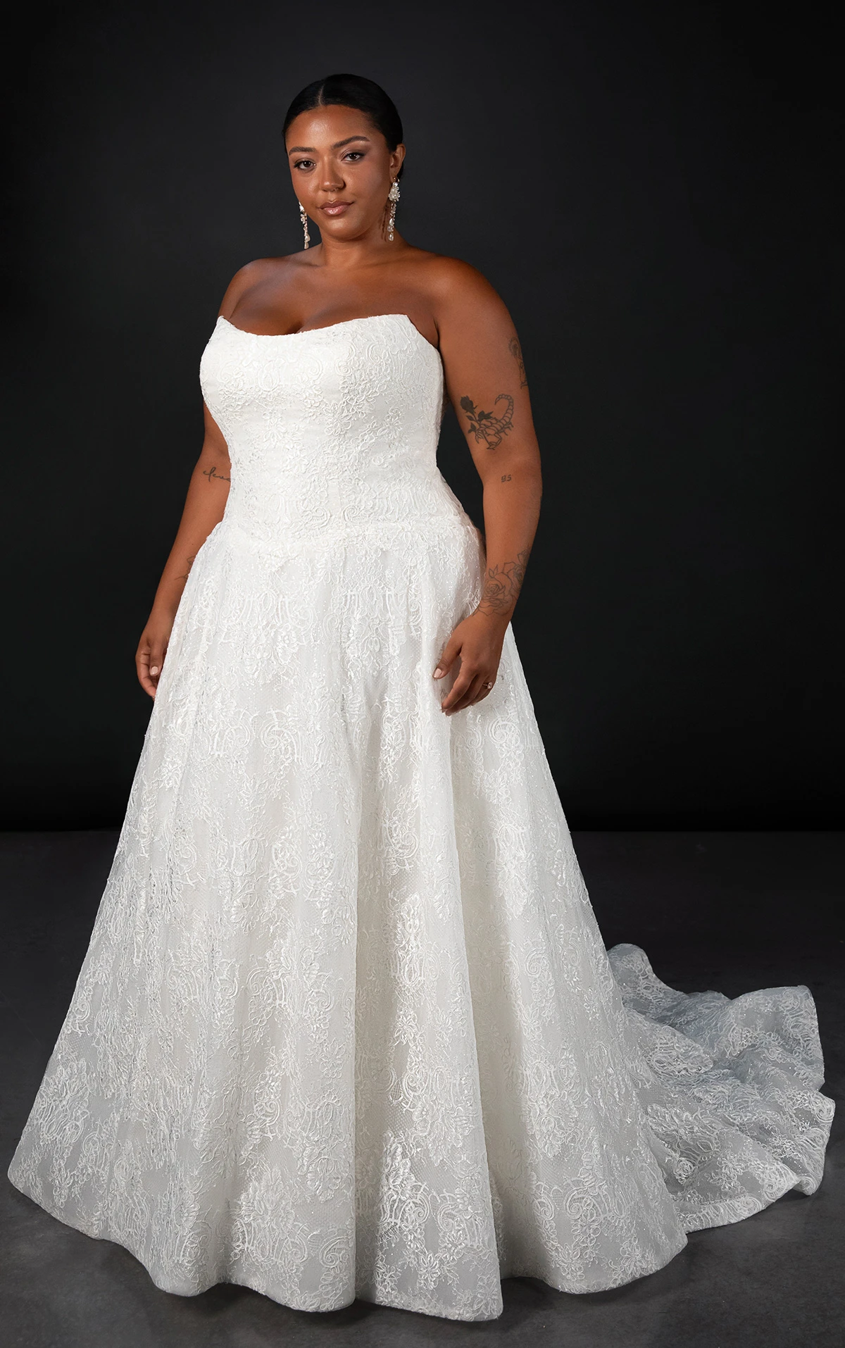 ml1963+ Strapless Chantilly Lace A-Line Plus Size Wedding Dress with Drop Waist  by Martina Liana