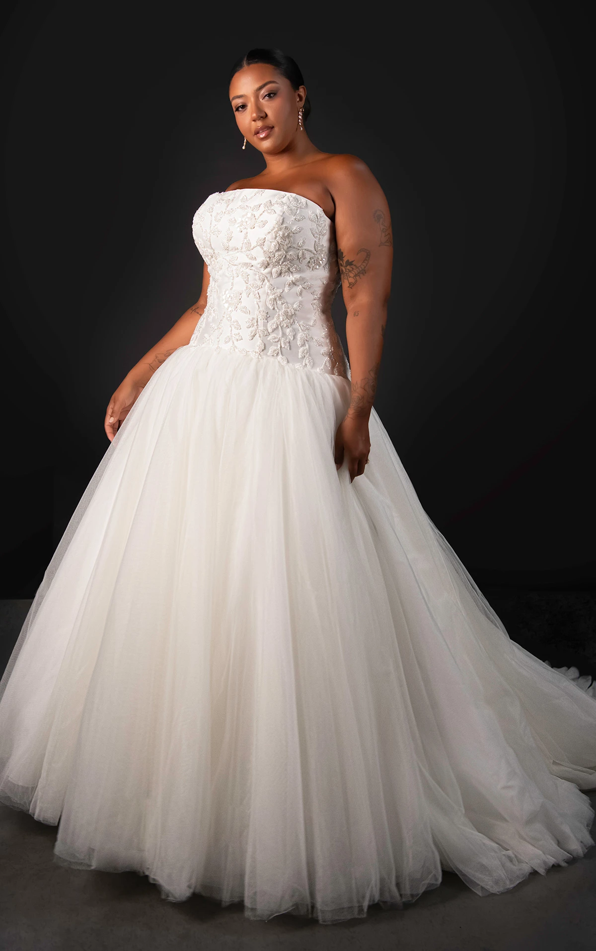 ml1985+ Strapless Mikado and Tulle A-Line Plus Size Wedding Dress with Crystal Lace Appliqués  by Martina Liana