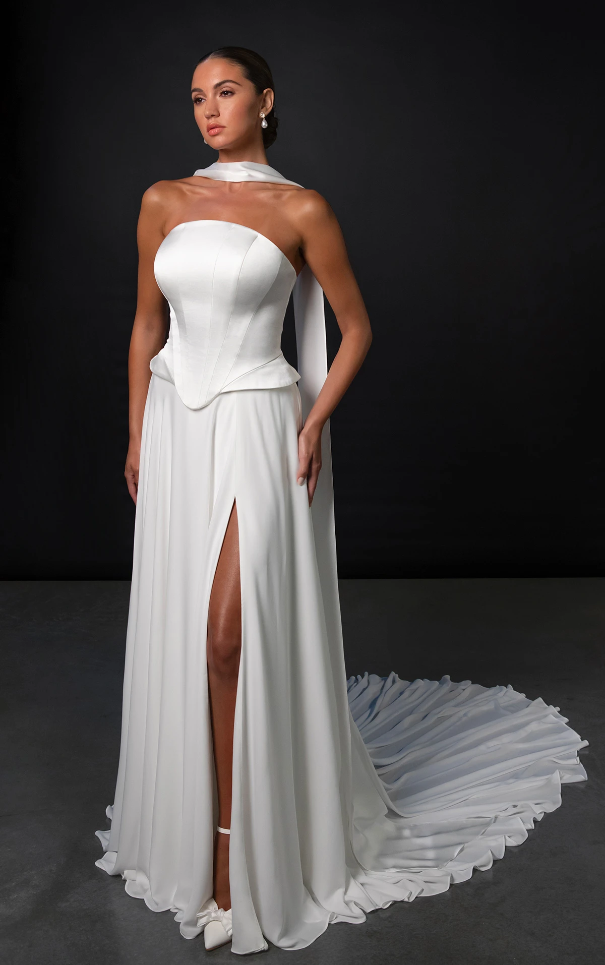 ml1993 A-Line Wedding Dress with Peplum Waist and Neck Scarf  by Martina Liana