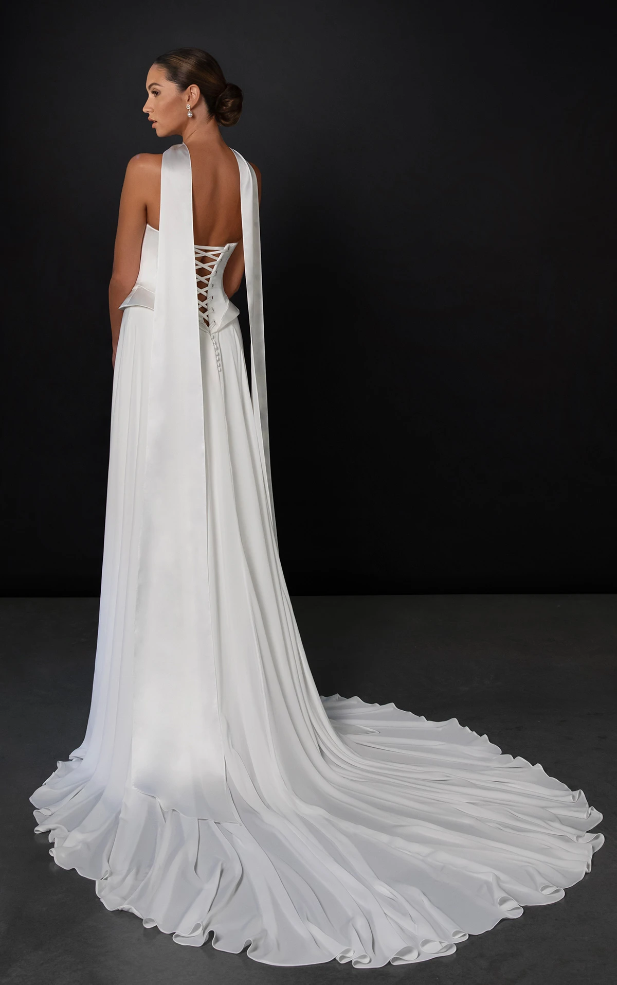 ml1993 A-Line Wedding Dress with Peplum Waist and Neck Scarf  by Martina Liana