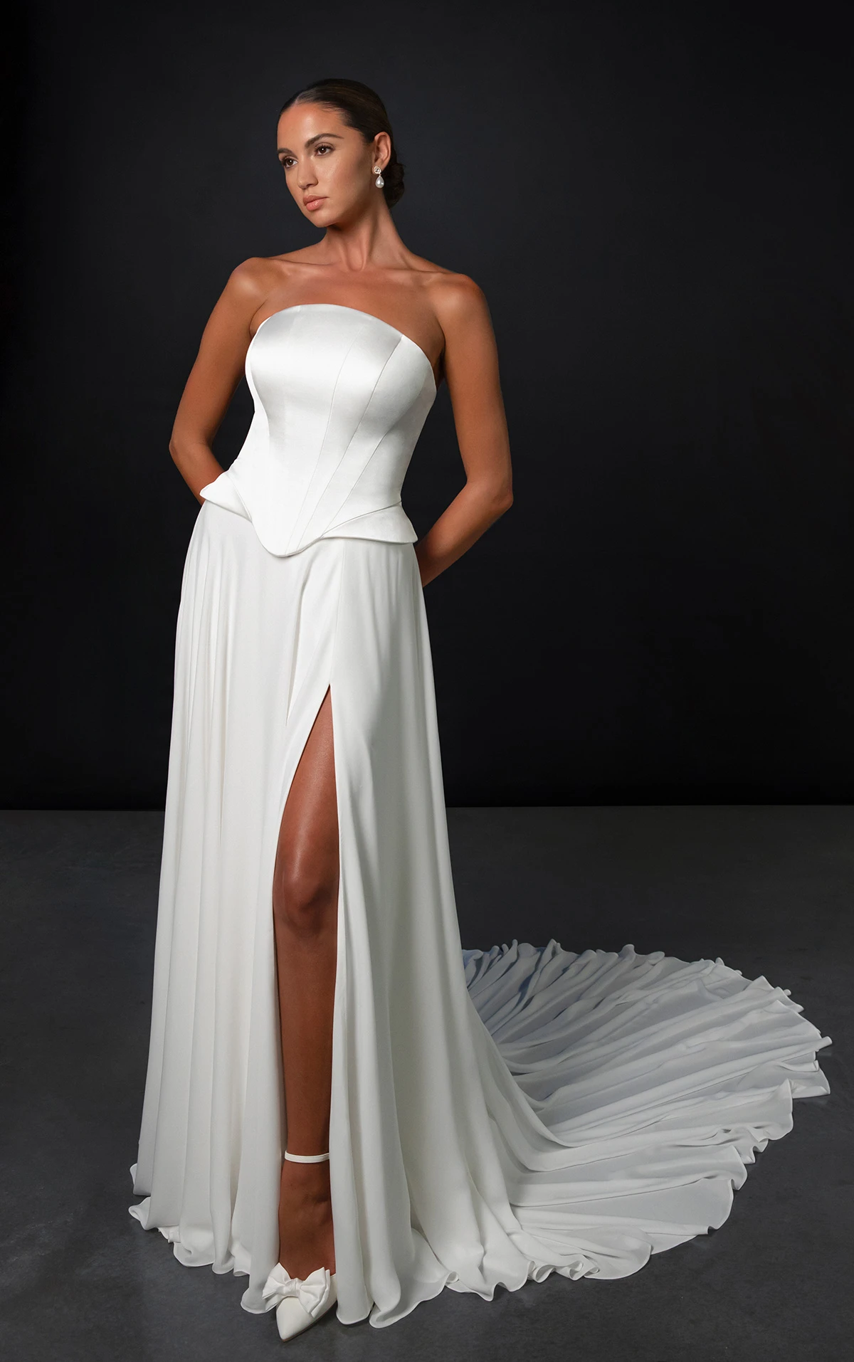 ml1993 A-Line Wedding Dress with Peplum Waist and Neck Scarf  by Martina Liana