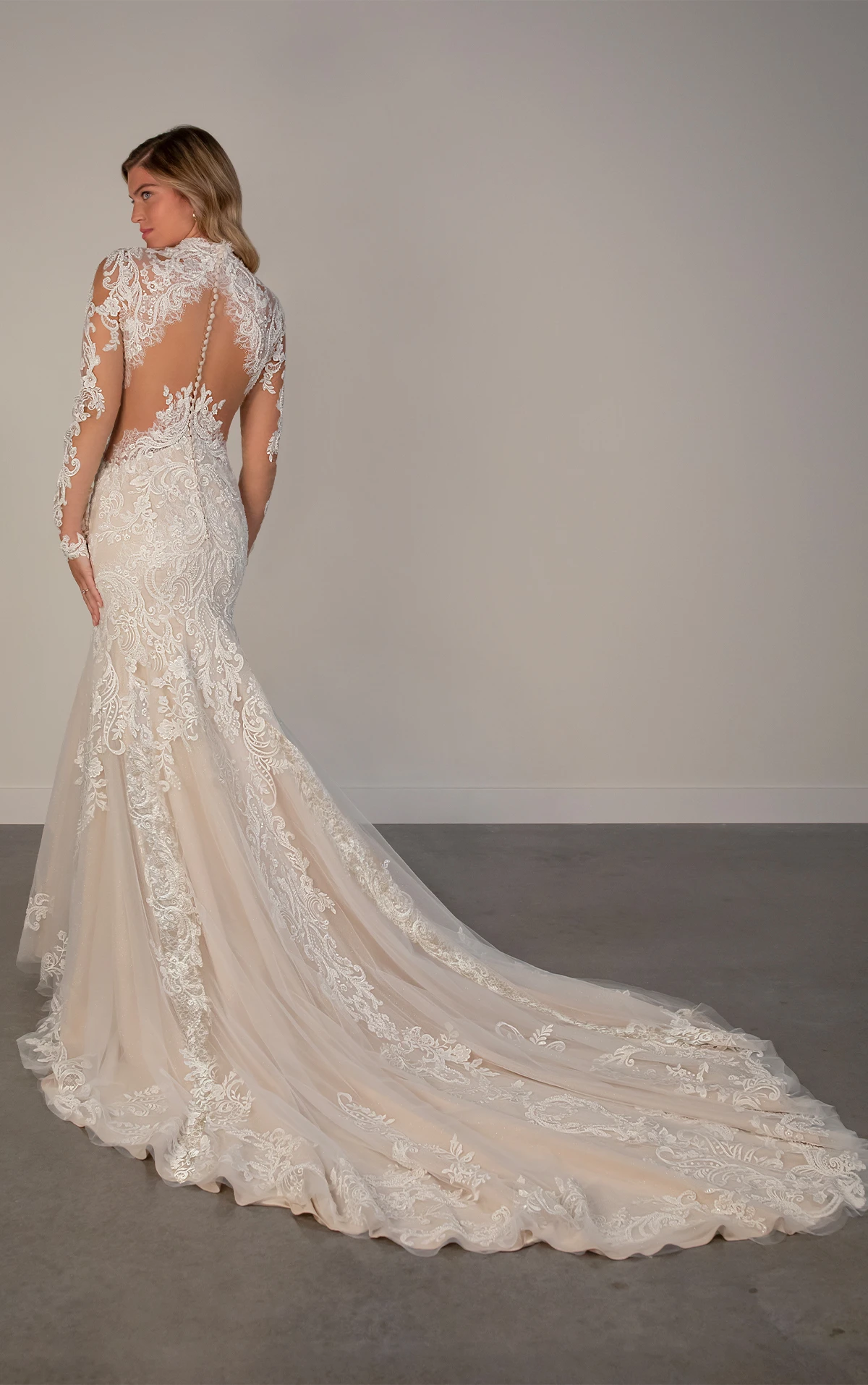 pa1381 Lace Fit-and-Flare Wedding Dress with High Neckline  by Oxford Street