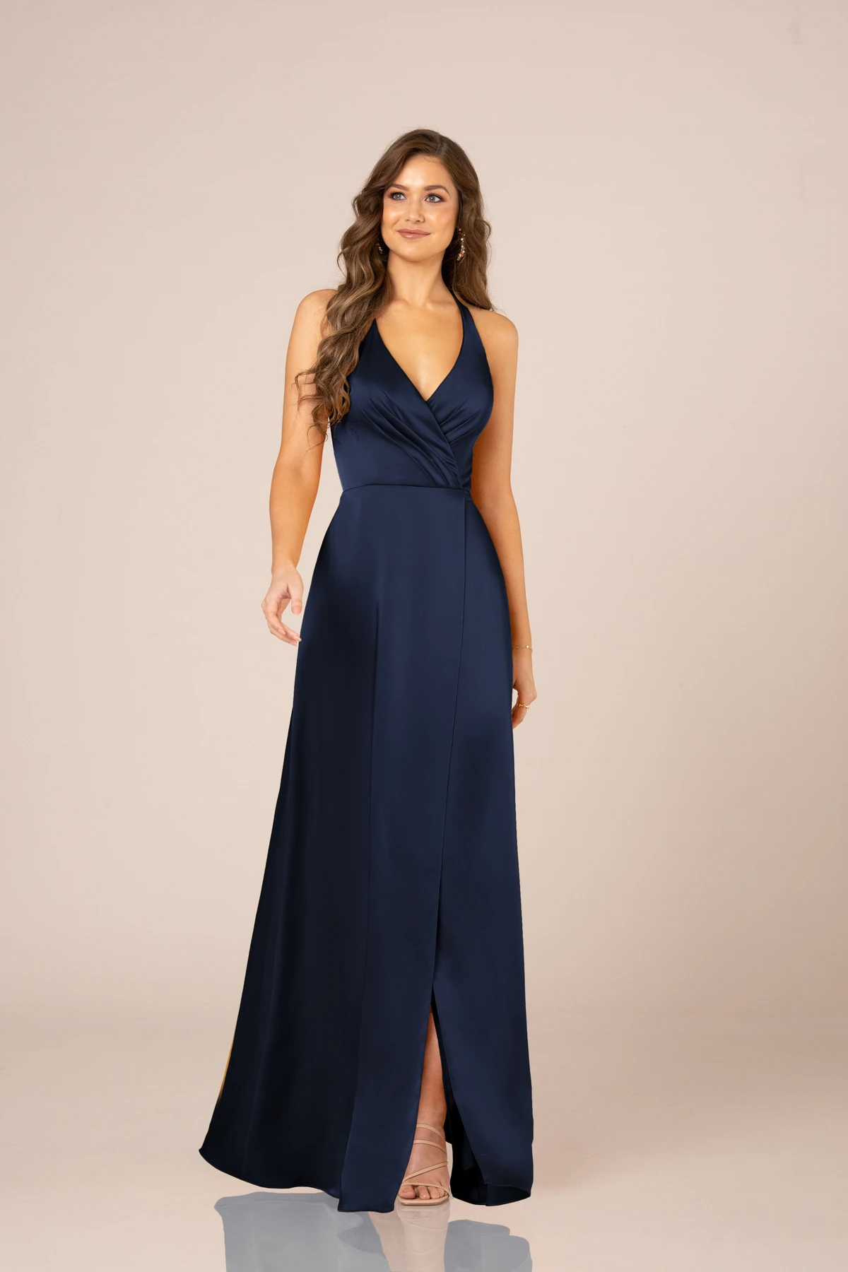 9568 A-Line Charmeuse Bridesmaid Dress with Halter V-Neckline and Back Details  by Sorella Vita