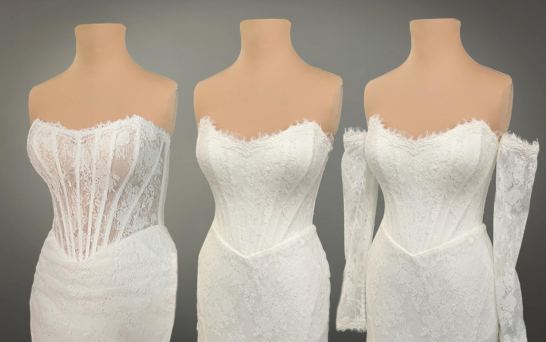 d4287 Strapless Chantilly Lace Column Gown with Detachable Sheer Lace Sleeves  by Essense of Australia