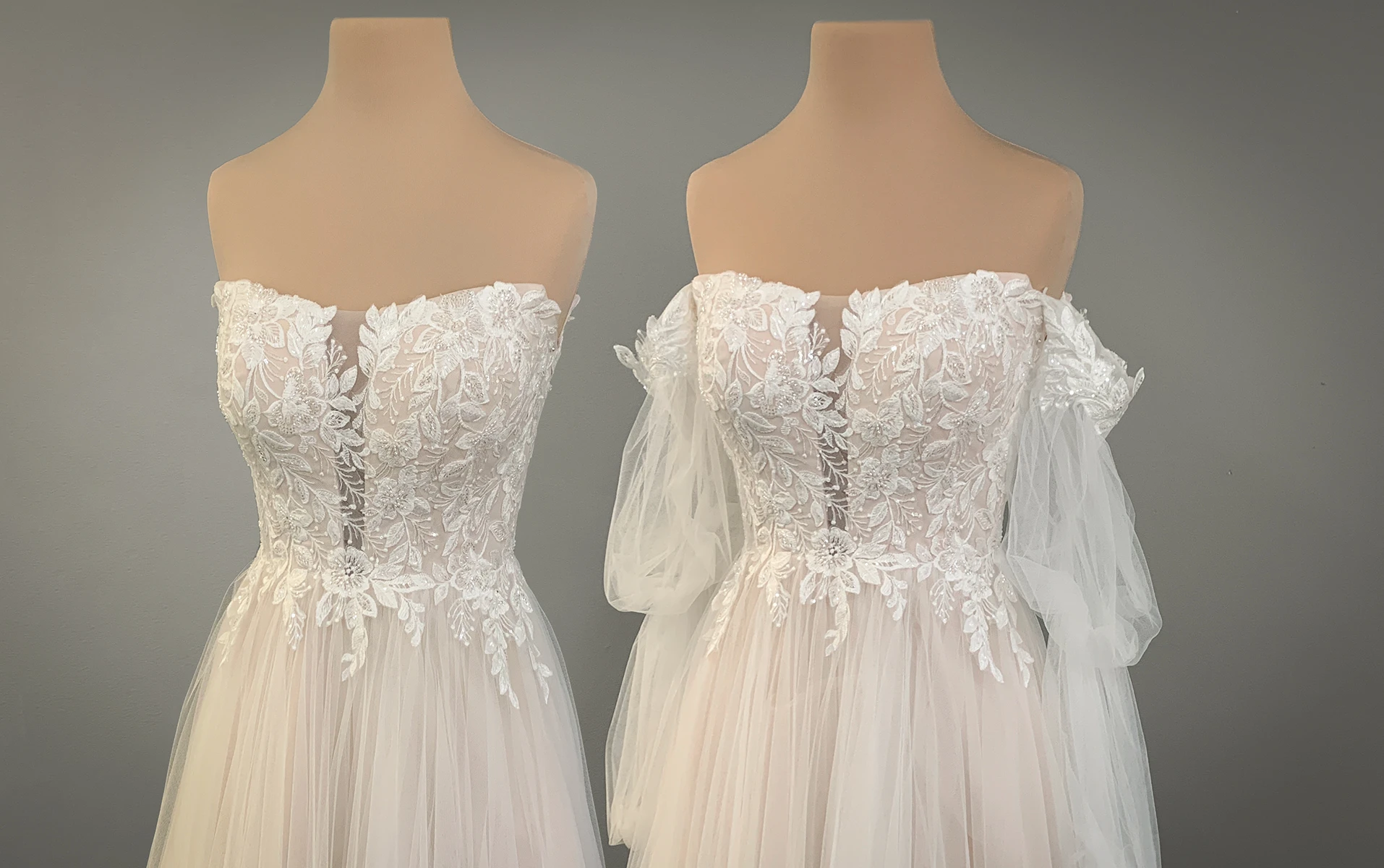 7573 Boho A-Line Wedding Dress with Lace and Tulle Off-the-Shoulder Sleeves by Stella York