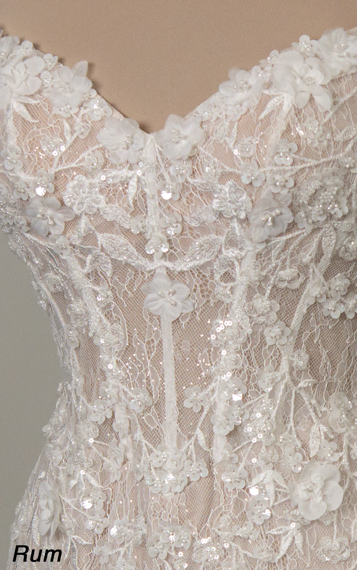 d4368 Strapless Beaded Lace Fit-and-Flare Wedding Dress with 3D Appliqués by Essense of Australia