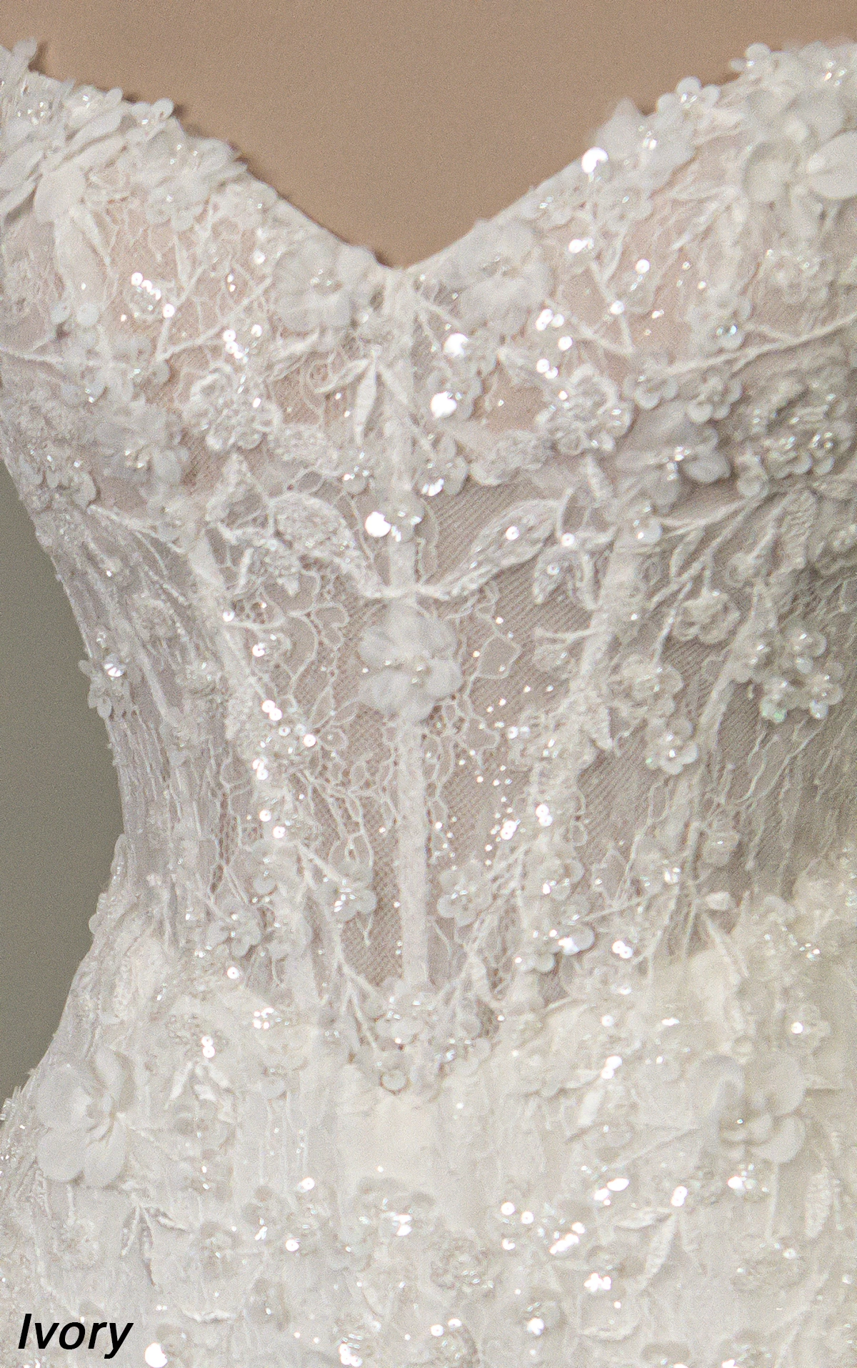 d4368 Strapless Beaded Lace Fit-and-Flare Wedding Dress with 3D Appliqués by Essense of Australia