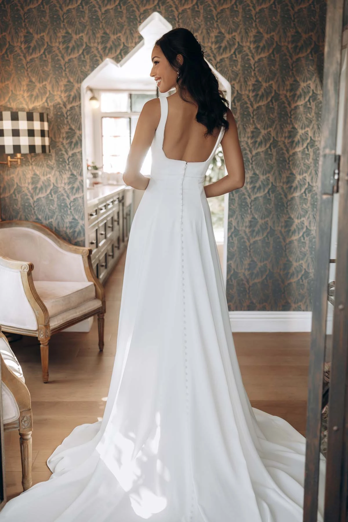 sy8257 Architectural Square Neckline A-Line Wedding Gown with Low Square Back by Stella York