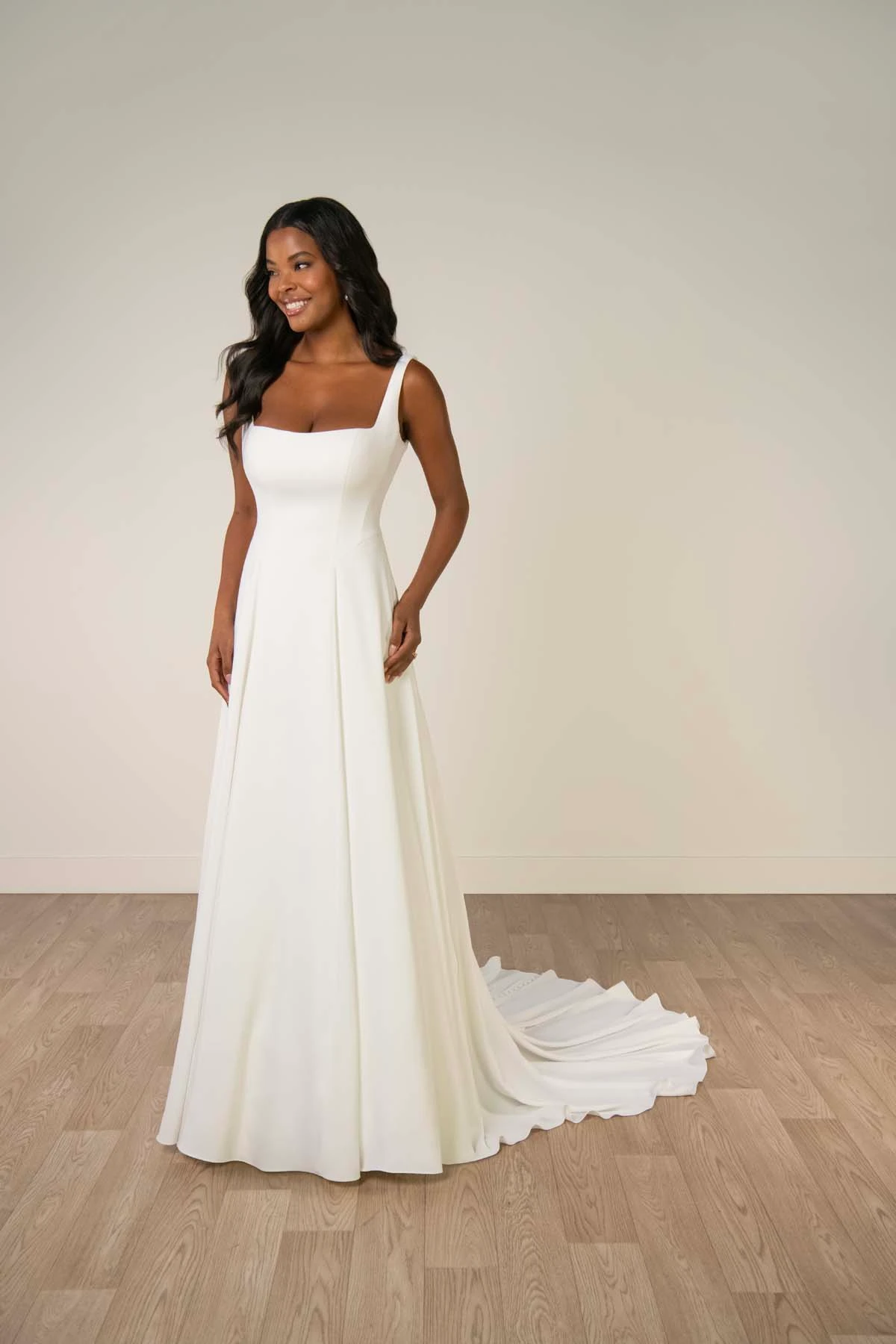 sy8257 Architectural Square Neckline A-Line Wedding Gown with Low Square Back by Stella York