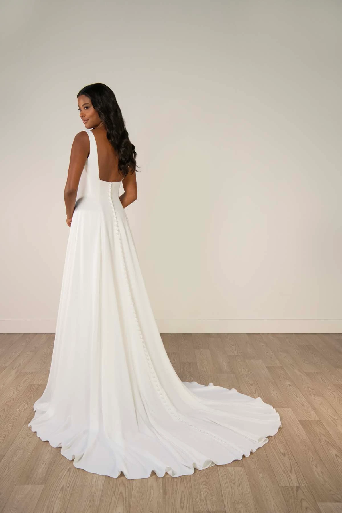 sy8257 Architectural Square Neckline A-Line Wedding Gown with Low Square Back by Stella York