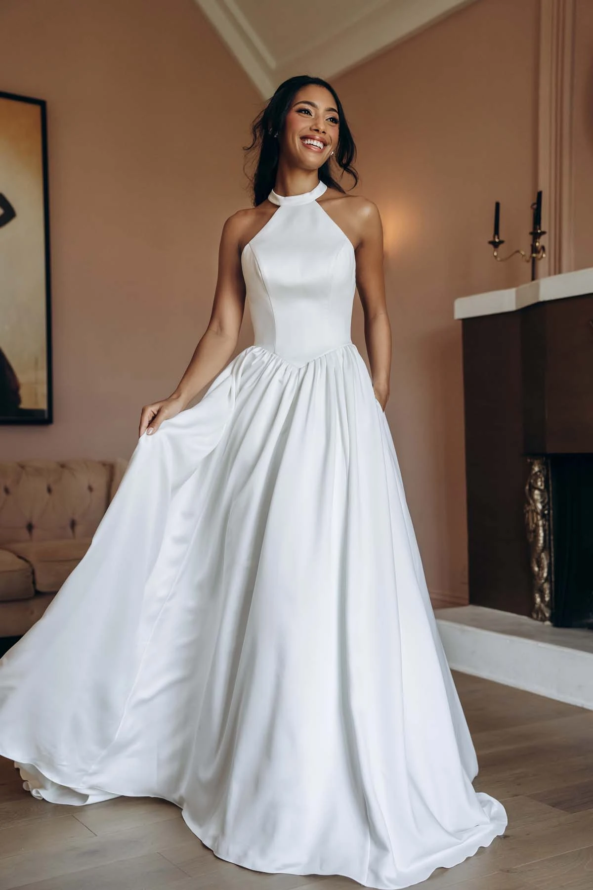sy8273 Halter Neck Satin A-Line Wedding Gown with Keyhole Back and Pockets by Stella York