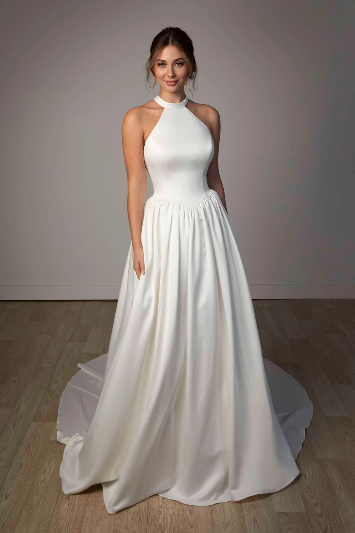 sy8273 Halter Neck Satin A-Line Wedding Gown with Keyhole Back and Pockets by Stella York