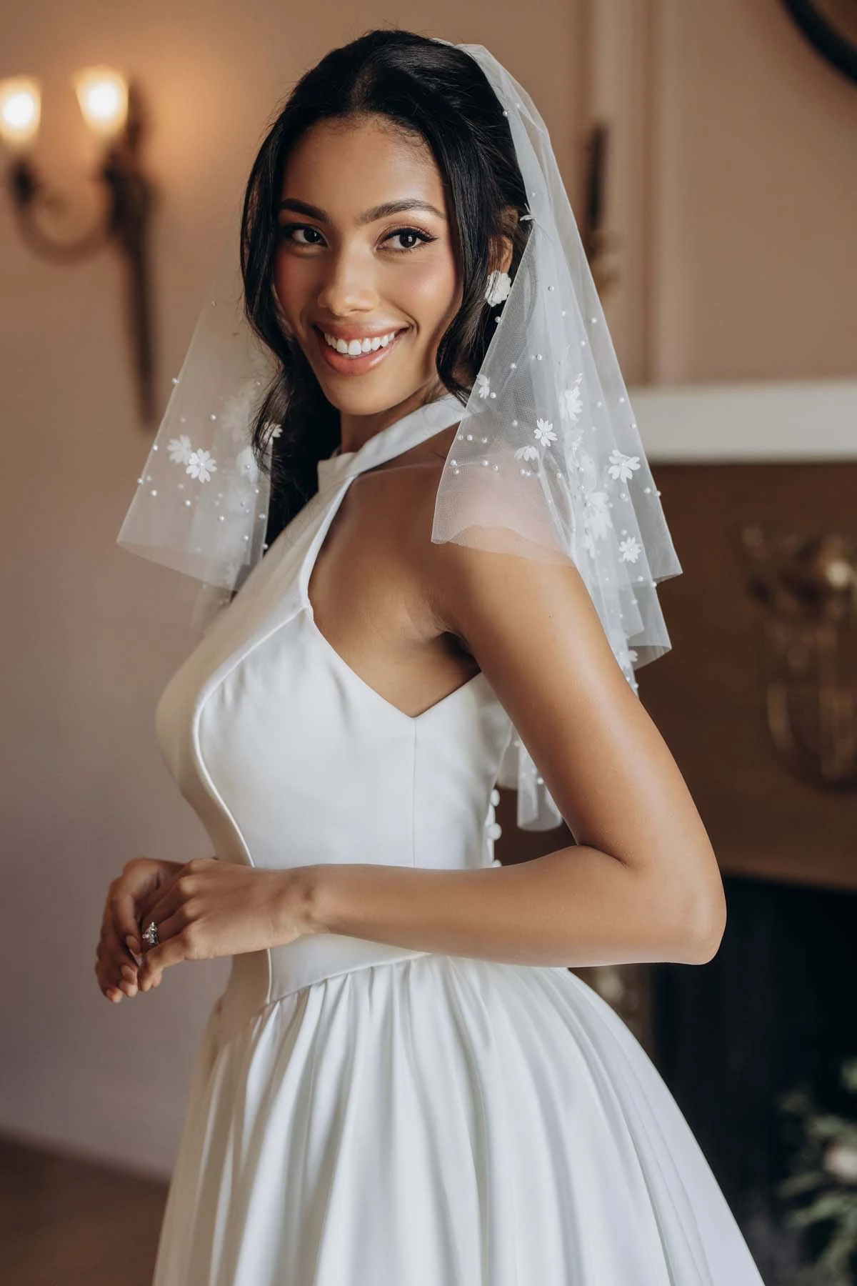 sy8273 Halter Neck Satin A-Line Wedding Gown with Keyhole Back and Pockets by Stella York