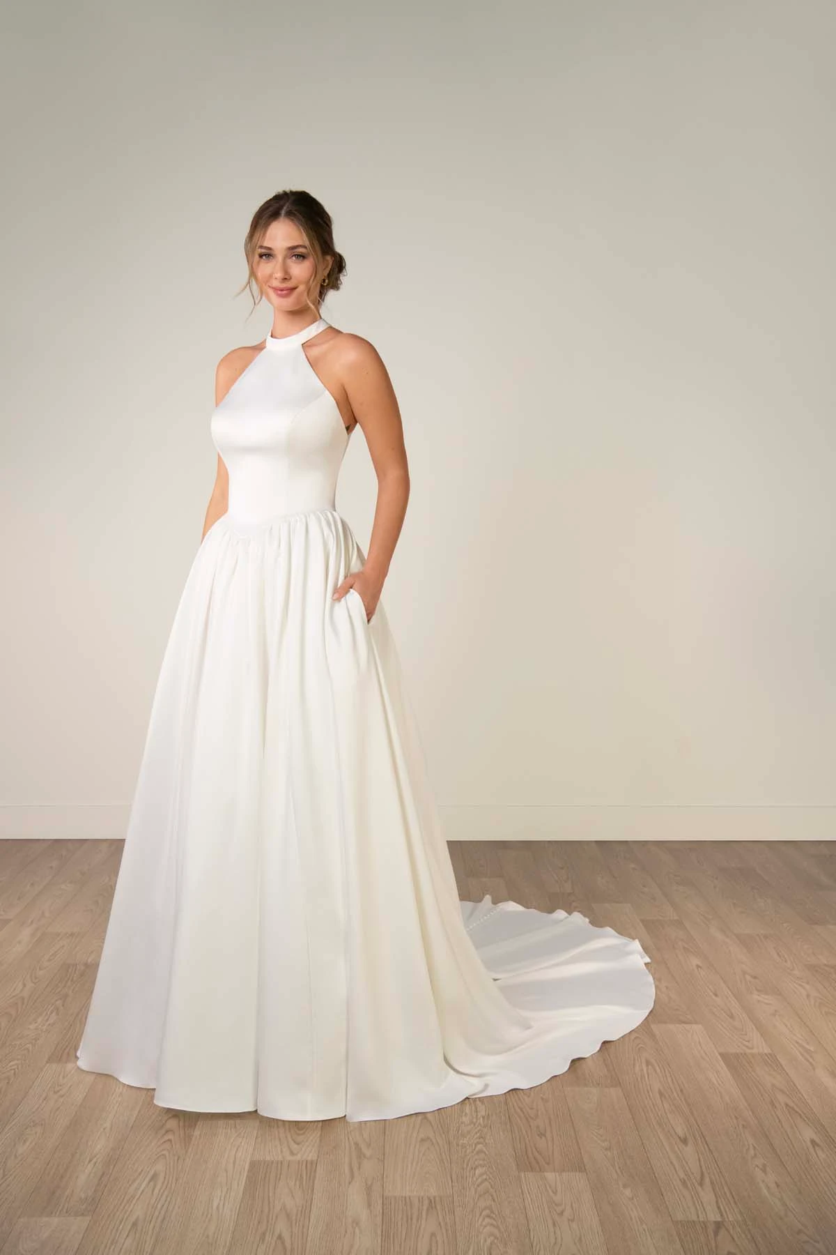 sy8273 Halter Neck Satin A-Line Wedding Gown with Keyhole Back and Pockets by Stella York