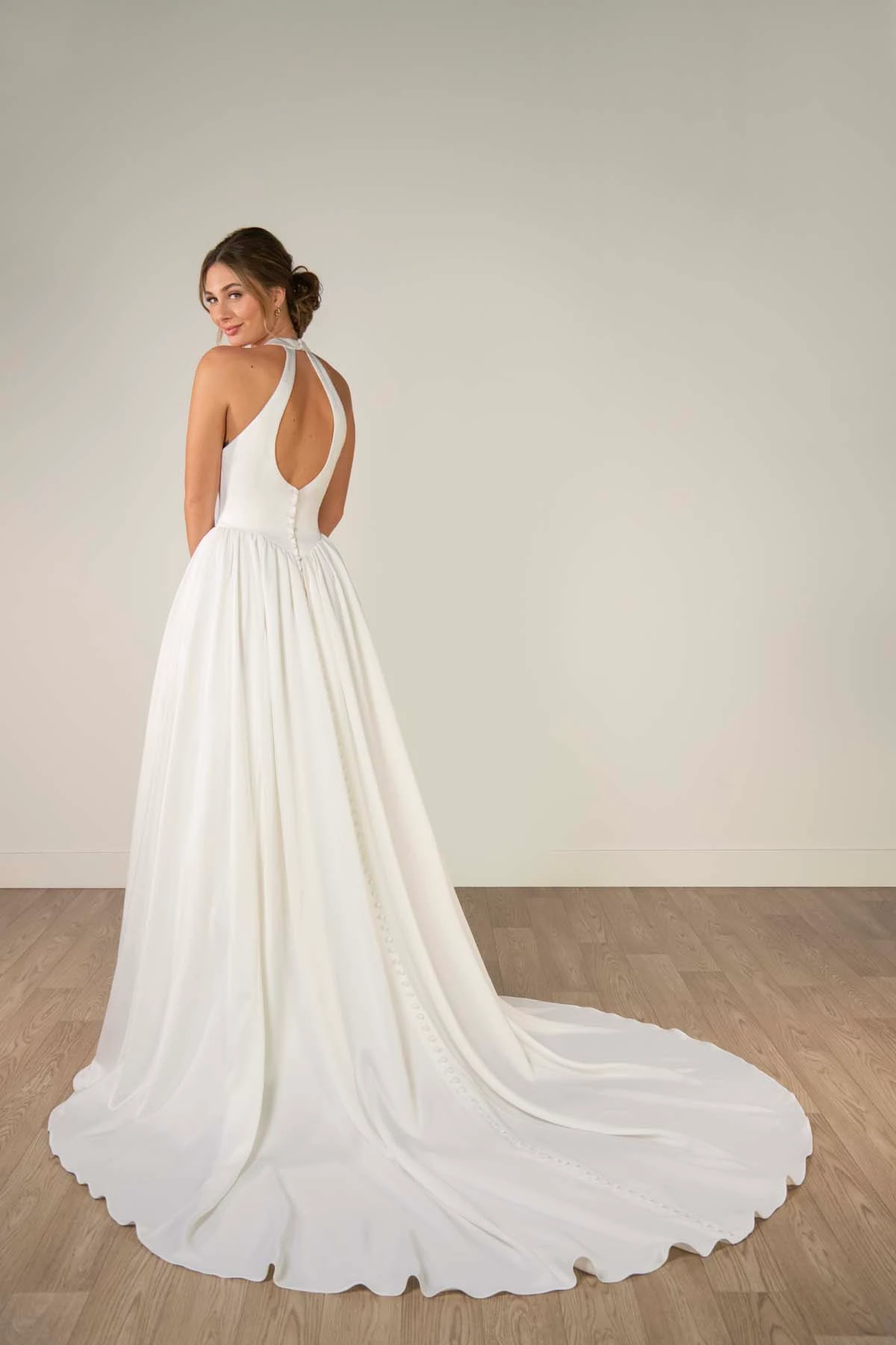 sy8273 Halter Neck Satin A-Line Wedding Gown with Keyhole Back and Pockets by Stella York