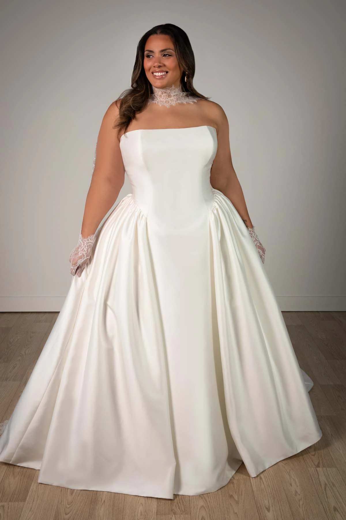 sy8274 Strapless Mikado A-Line Wedding Gown with Architectural Seaming and Pockets by Stella York