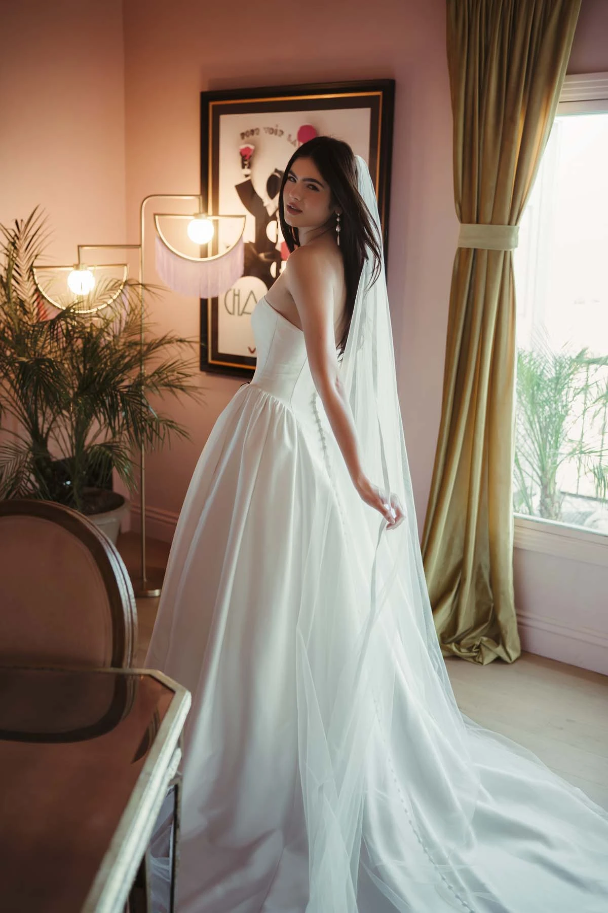 sy8274 Strapless Mikado A-Line Wedding Gown with Architectural Seaming and Pockets by Stella York