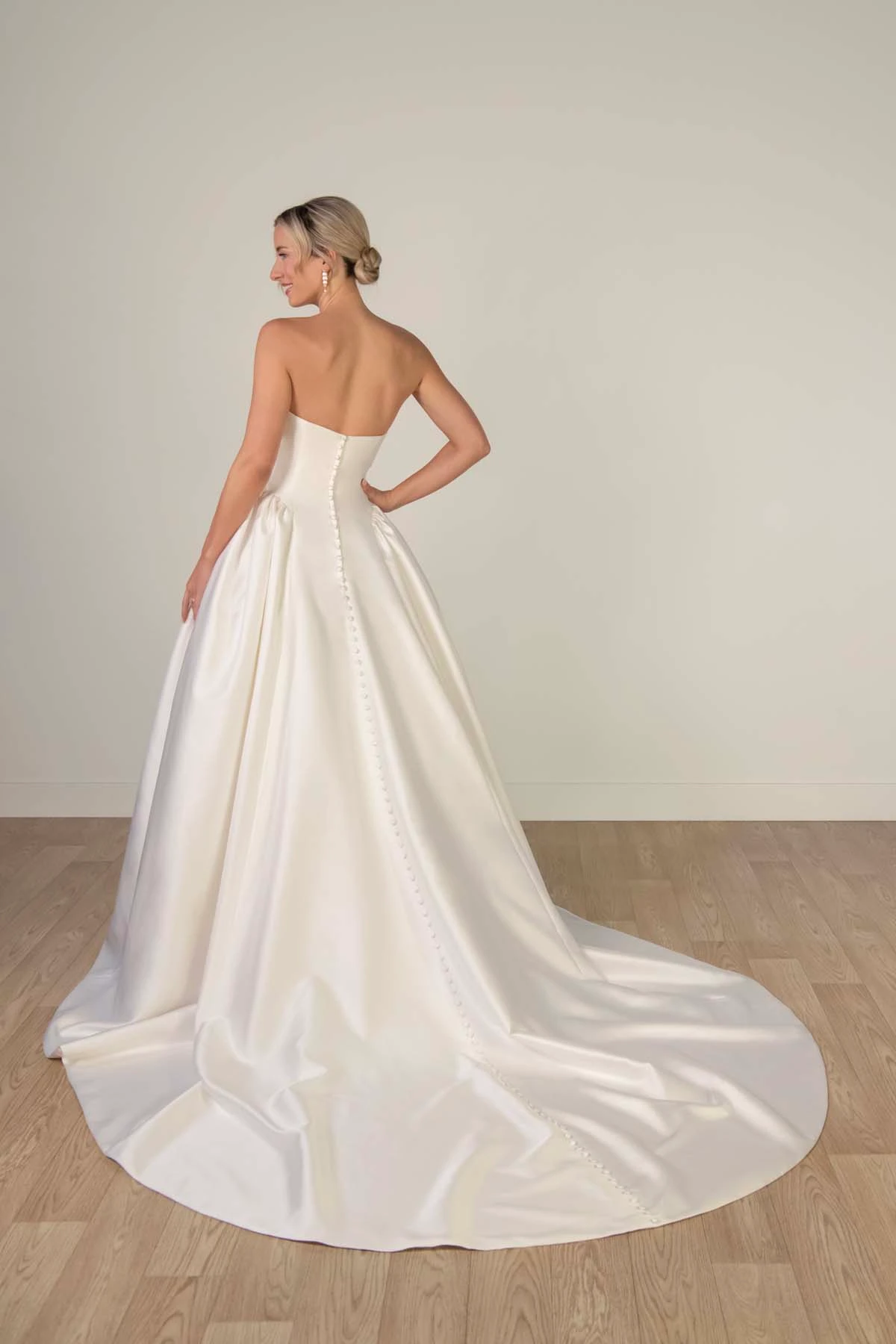 sy8274 Strapless Mikado A-Line Wedding Gown with Architectural Seaming and Pockets by Stella York