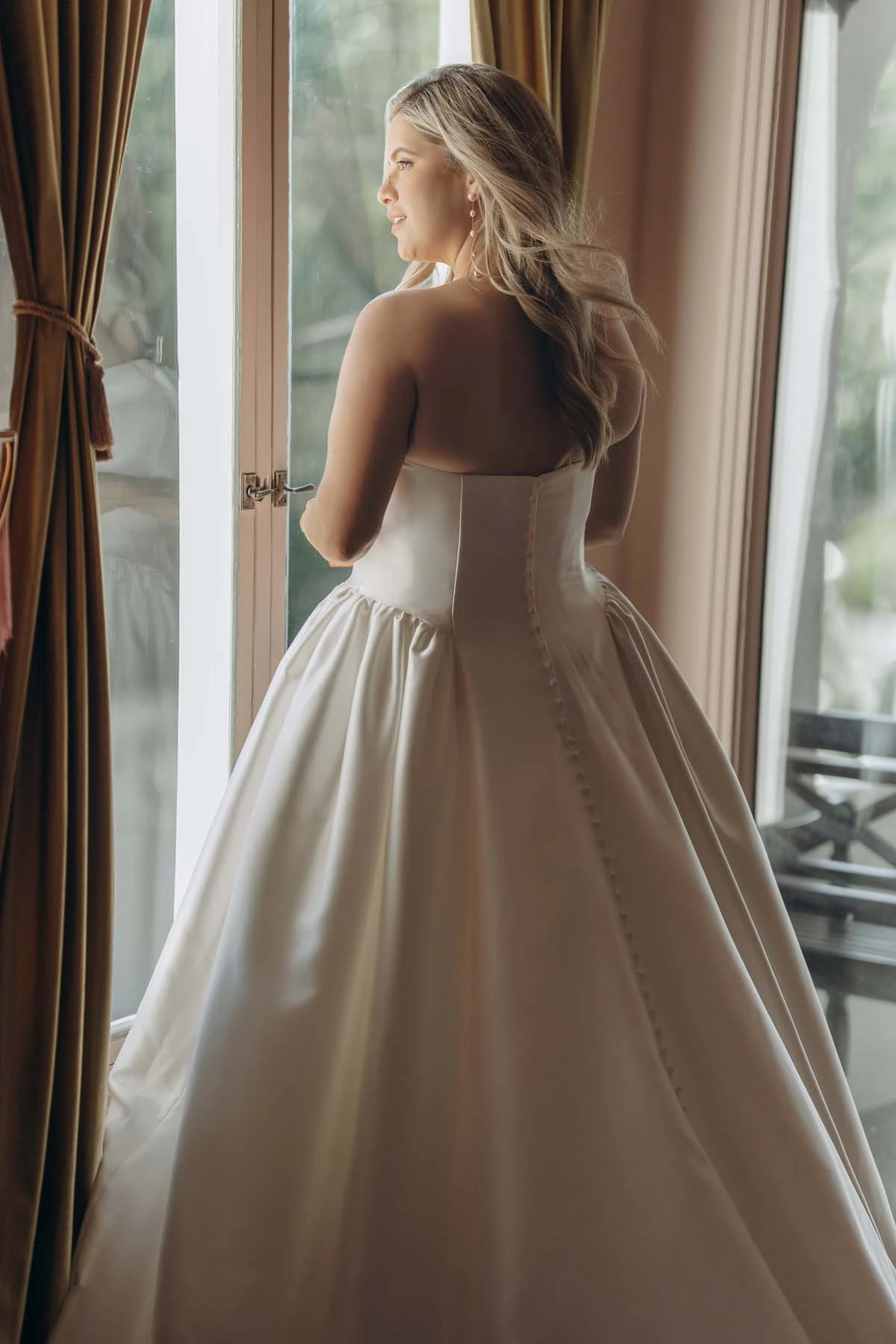 sy8274 Strapless Mikado A-Line Wedding Gown with Architectural Seaming and Pockets by Stella York