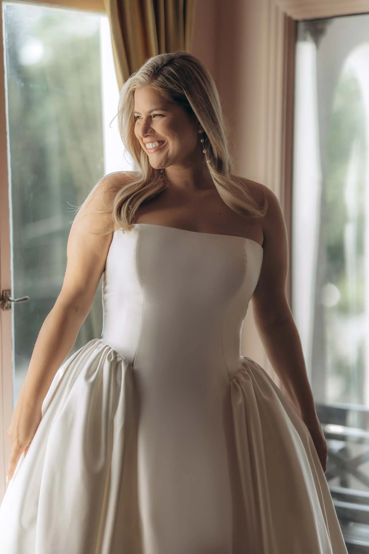 sy8274 Strapless Mikado A-Line Wedding Gown with Architectural Seaming and Pockets by Stella York
