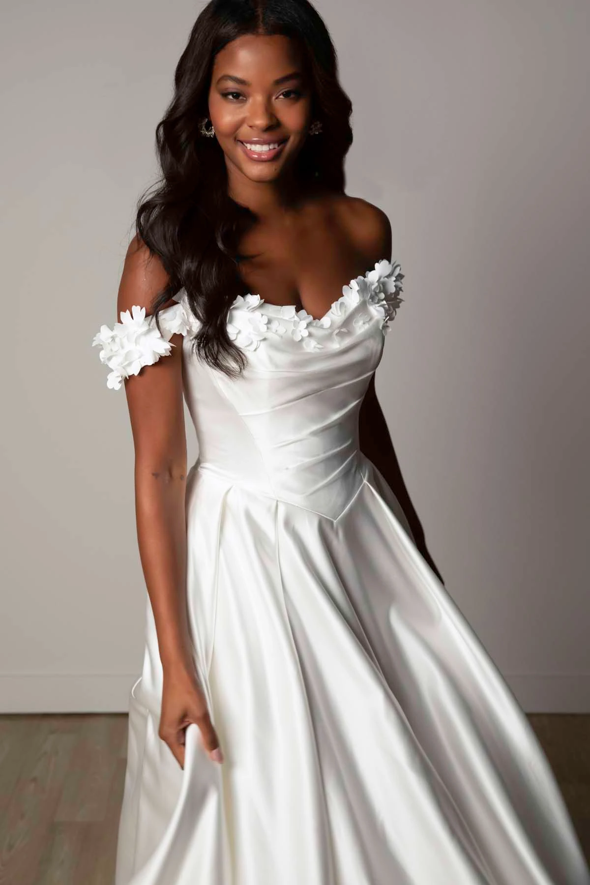 sy8288 Off-the-Shoulder Satin A-Line Wedding Gown with Floral Neckline and Pockets by Stella York