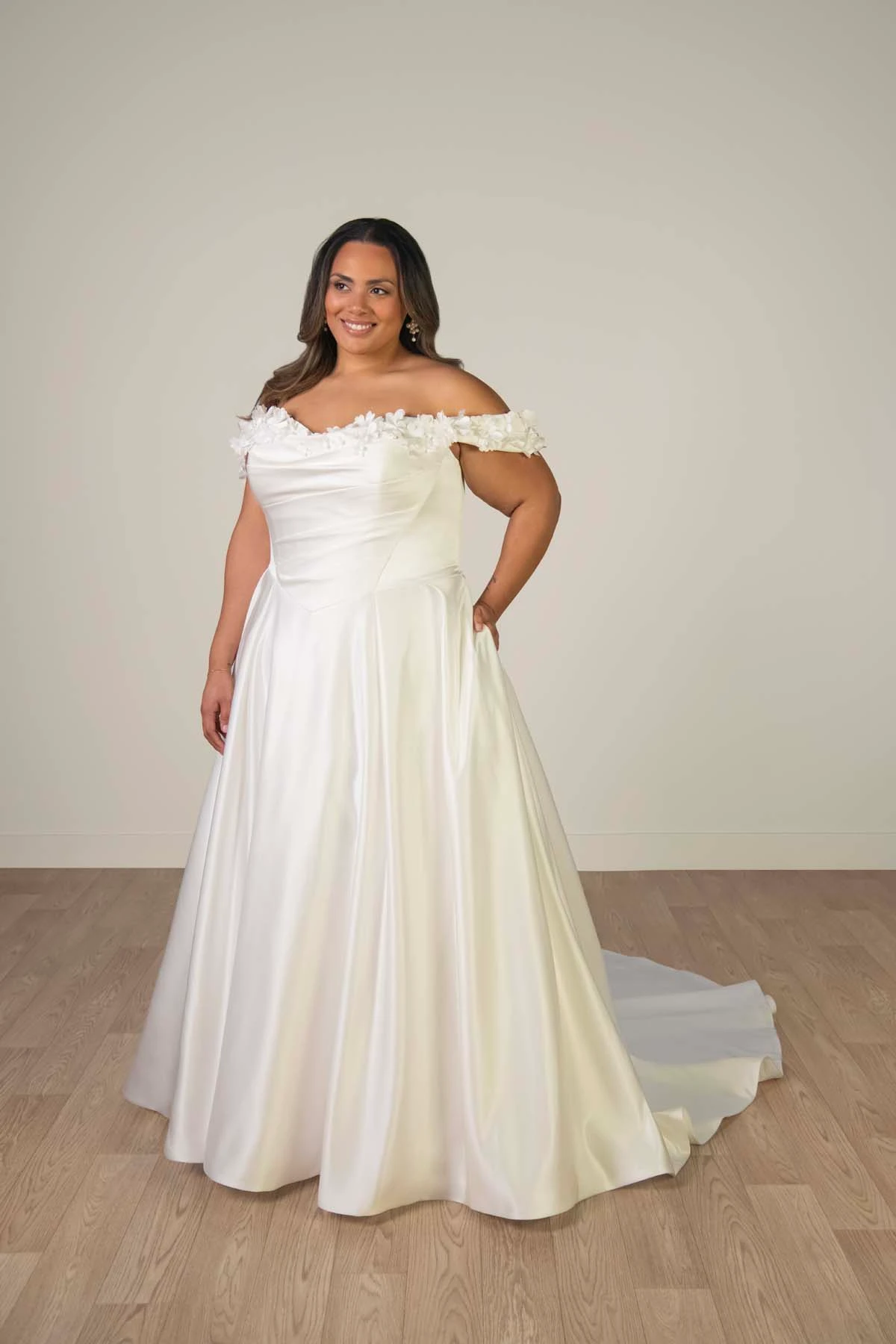 sy8288 Off-the-Shoulder Satin A-Line Wedding Gown with Floral Neckline and Pockets by Stella York