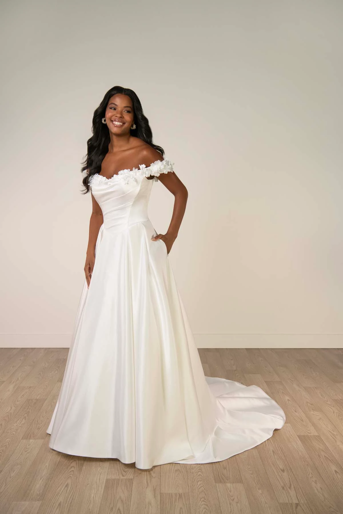 sy8288 Off-the-Shoulder Satin A-Line Wedding Gown with Floral Neckline and Pockets by Stella York
