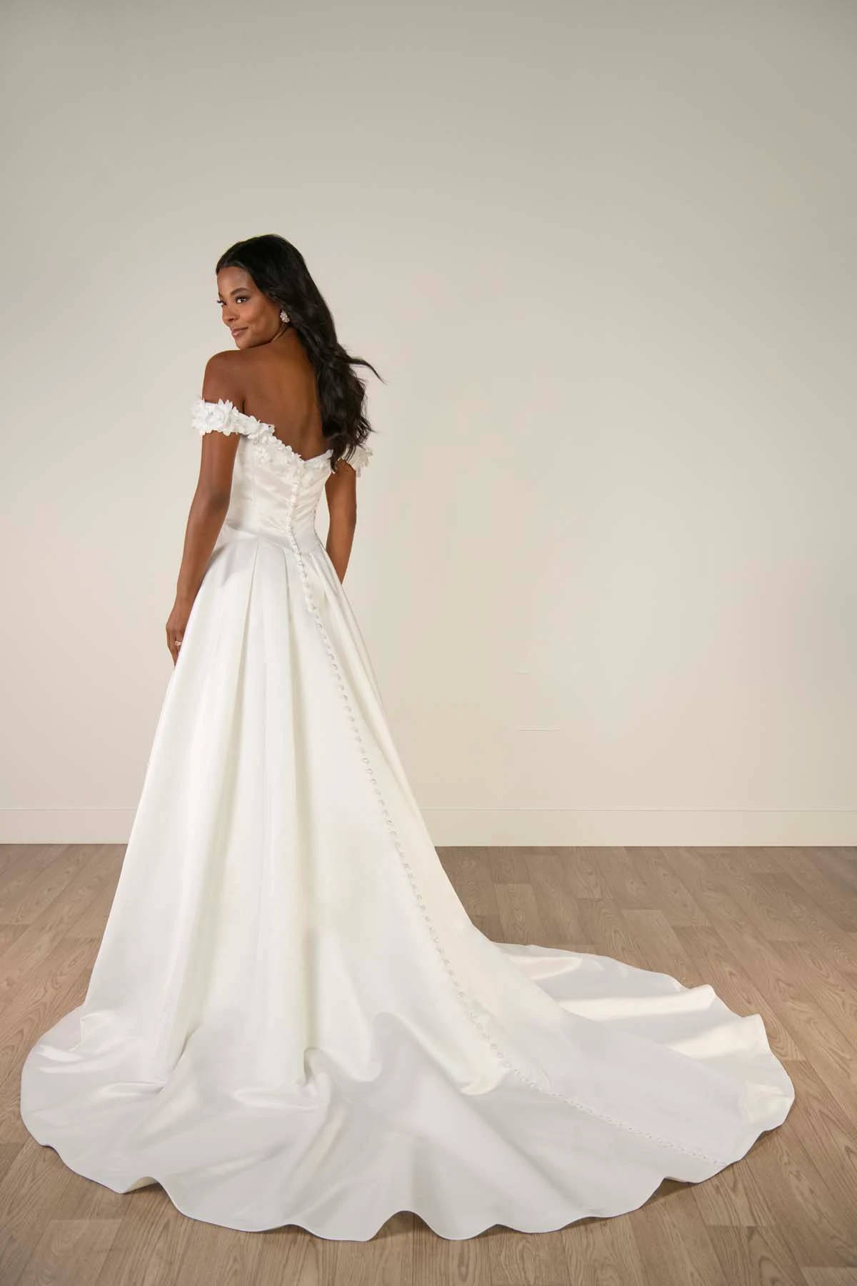 sy8288 Off-the-Shoulder Satin A-Line Wedding Gown with Floral Neckline and Pockets by Stella York