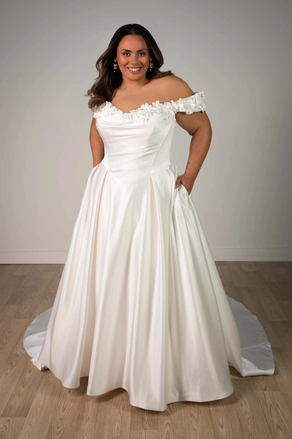 sy8288+ Plus Size Off-the-Shoulder Satin A-Line Wedding Gown with Floral Neckline and Pockets by Stella York