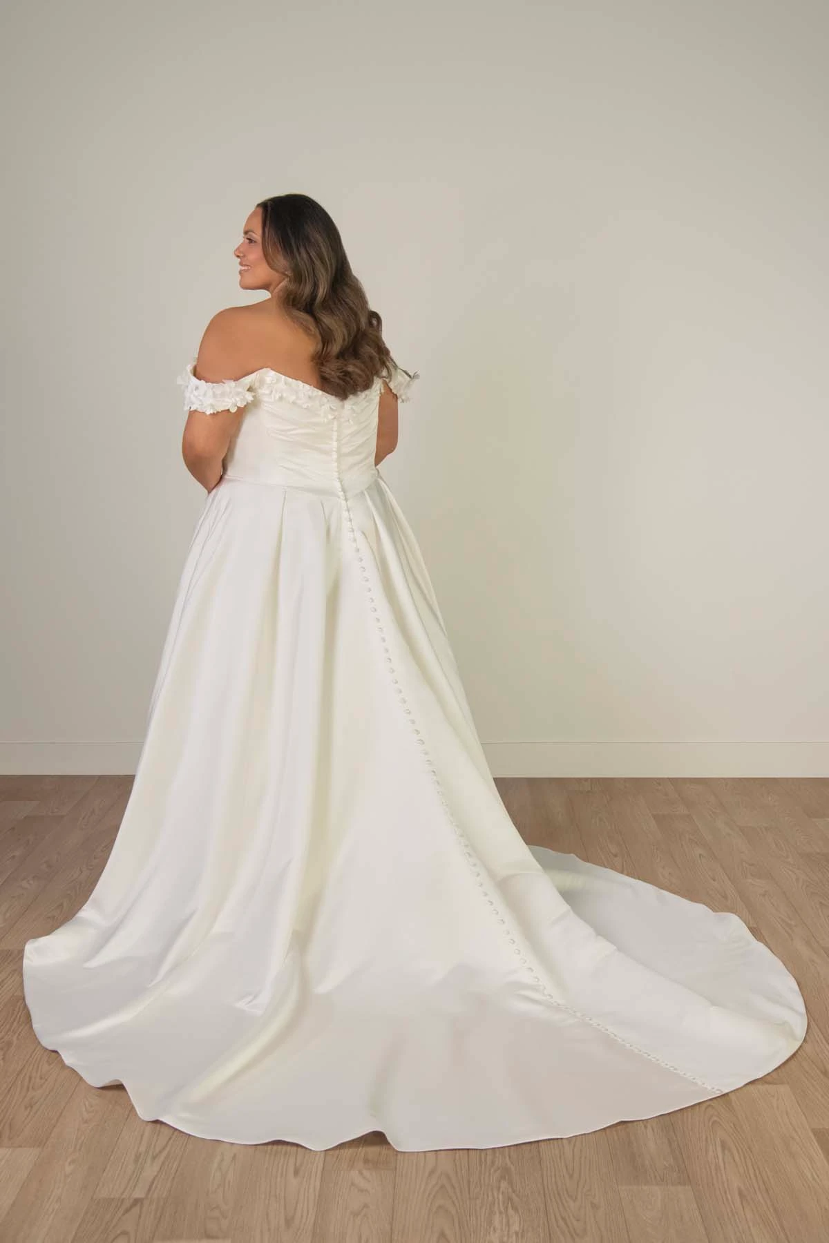 sy8288+ Plus Size Off-the-Shoulder Satin A-Line Wedding Gown with Floral Neckline and Pockets by Stella York