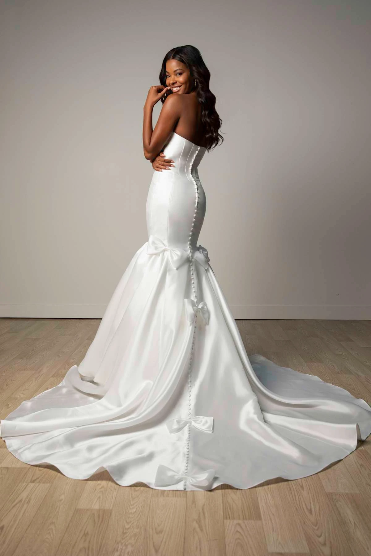 sy8298 Strapless Shimmer Organza Mermaid Wedding Gown with Cascading Bows by Stella York