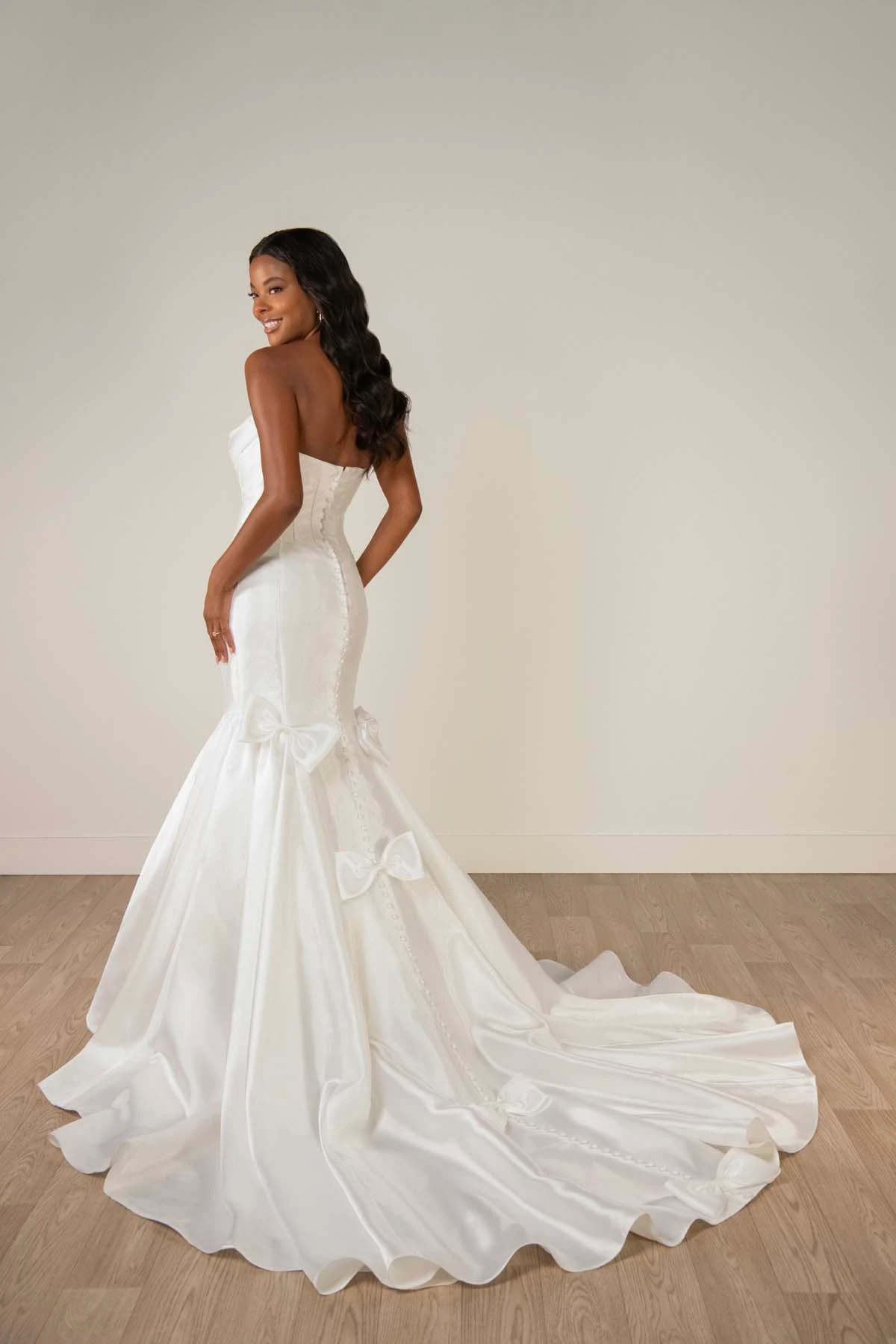 sy8298 Strapless Shimmer Organza Mermaid Wedding Gown with Cascading Bows by Stella York