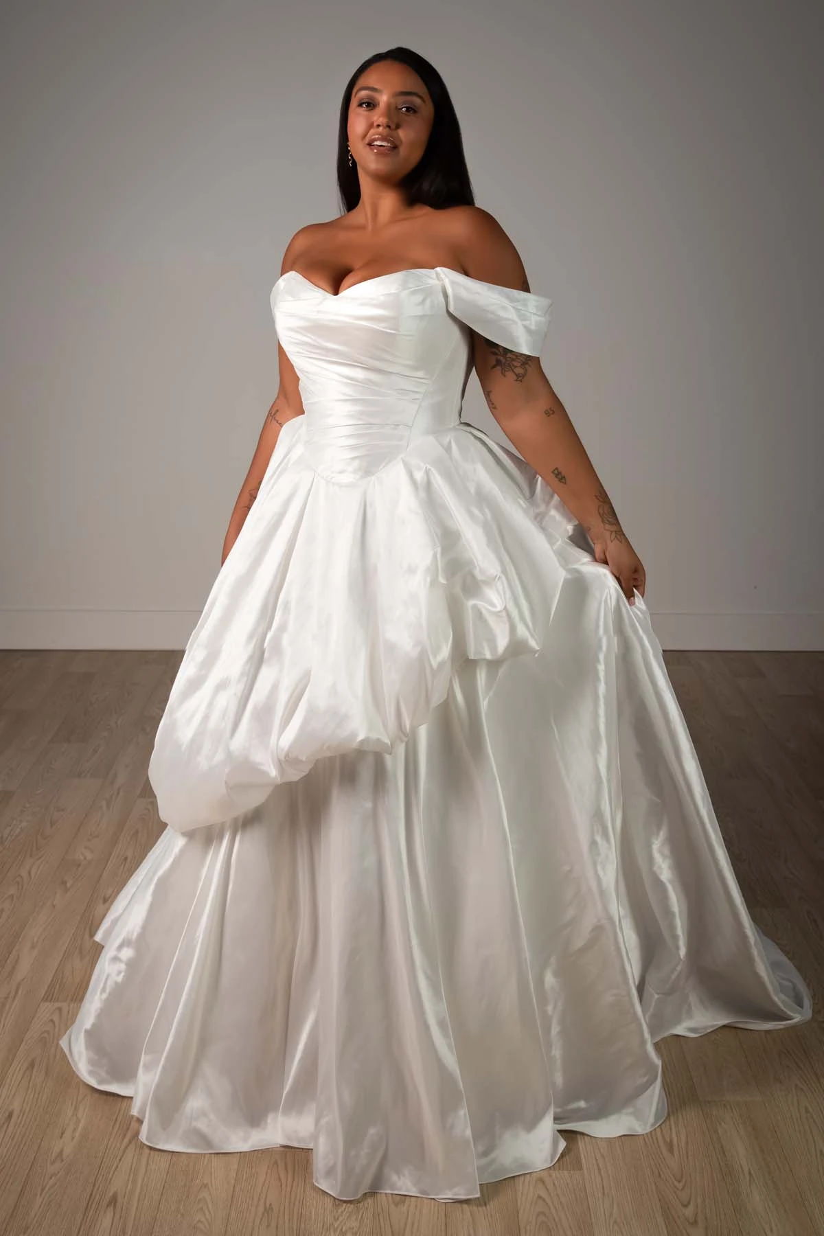 sy8309 Off-the-Shoulder Shimmering Organza Ballgown with Ruched Bodice and Pickups by Stella York