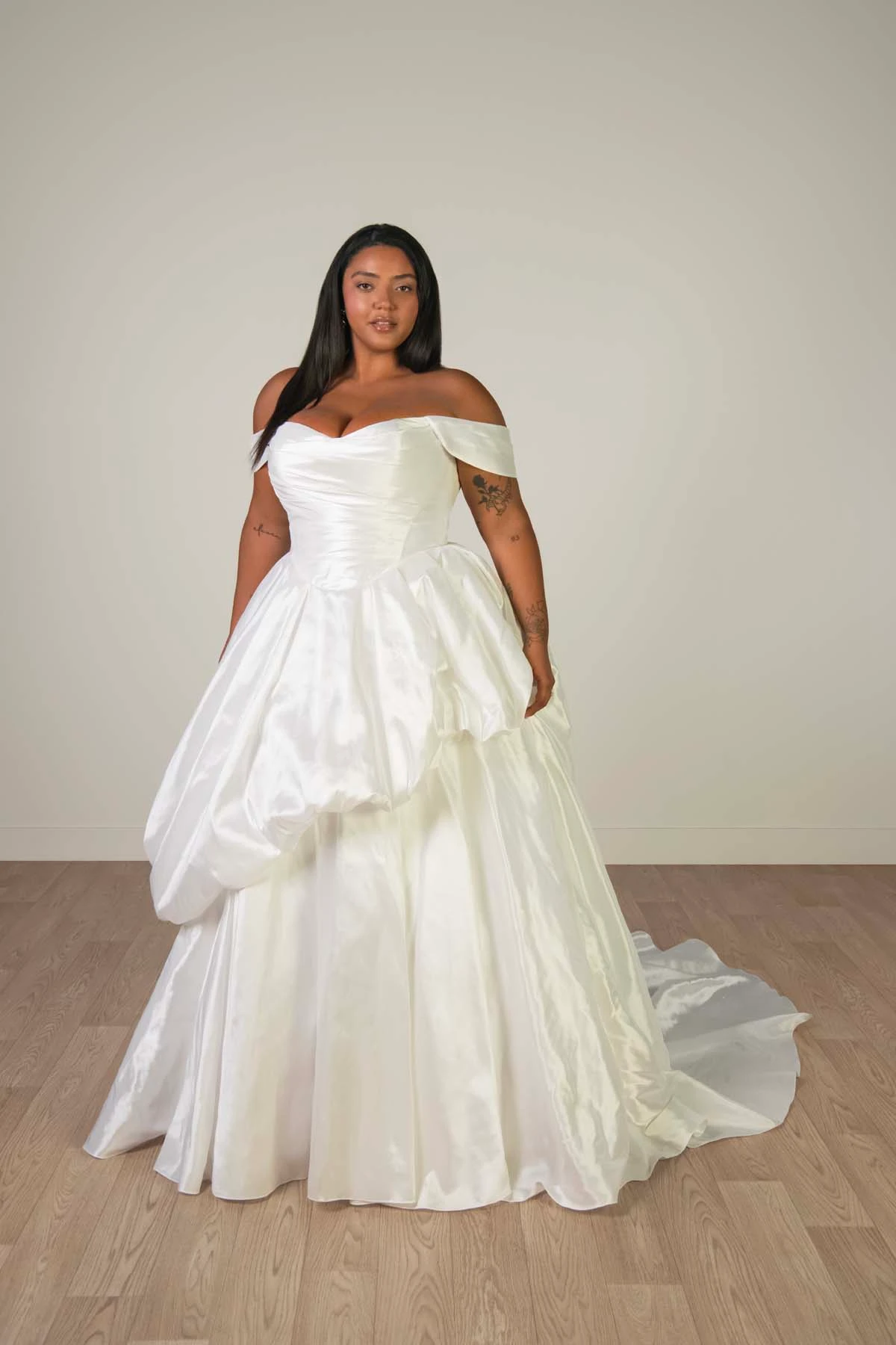 sy8309 Off-the-Shoulder Shimmering Organza Ballgown with Ruched Bodice and Pickups by Stella York