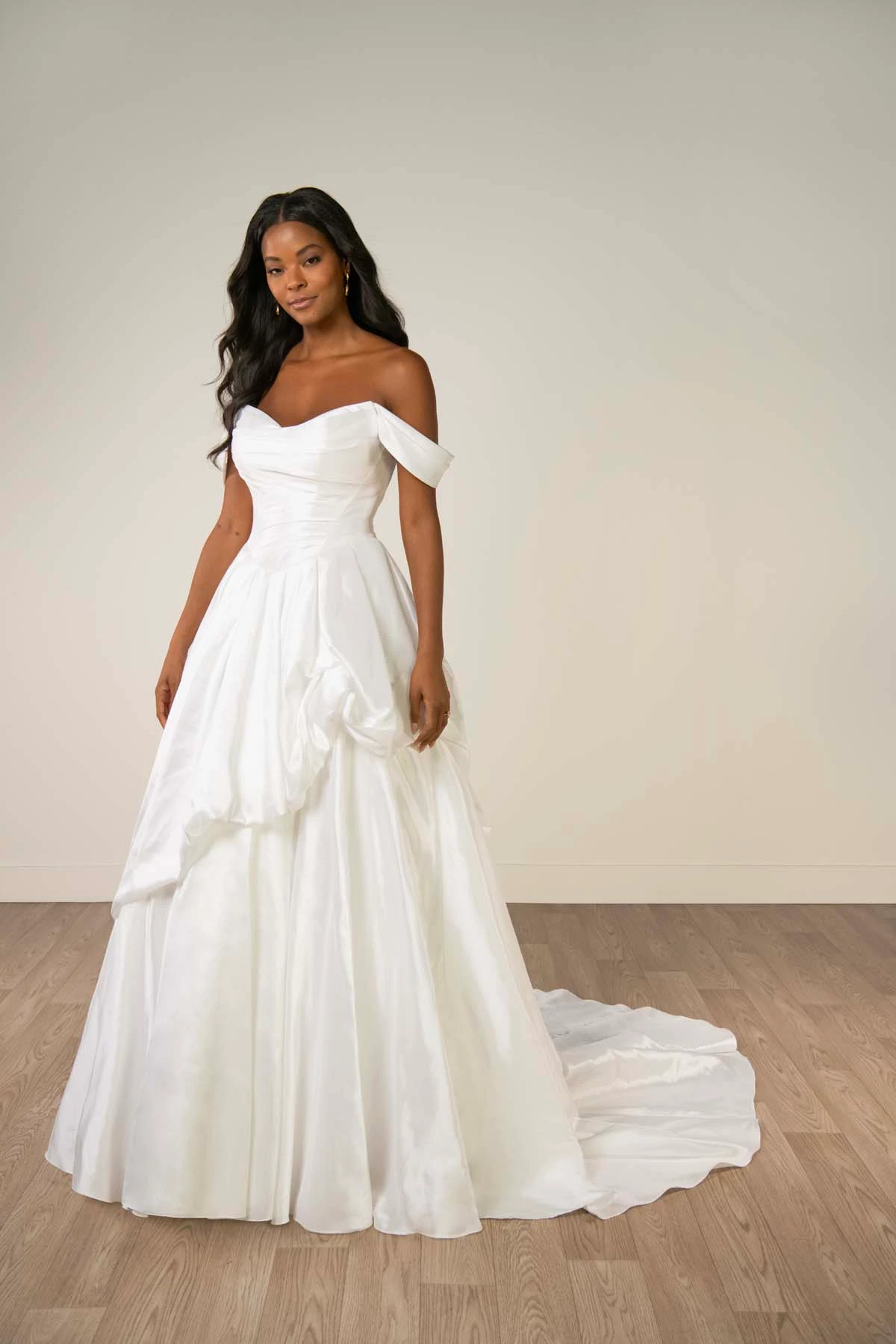 sy8309 Off-the-Shoulder Shimmering Organza Ballgown with Ruched Bodice and Pickups by Stella York