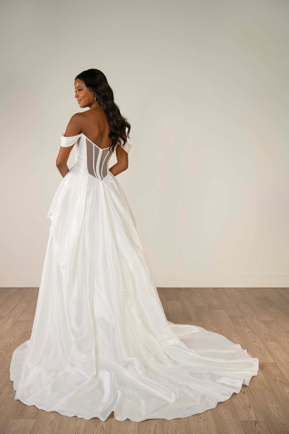 sy8309 Off-the-Shoulder Shimmering Organza Ballgown with Ruched Bodice and Pickups by Stella York