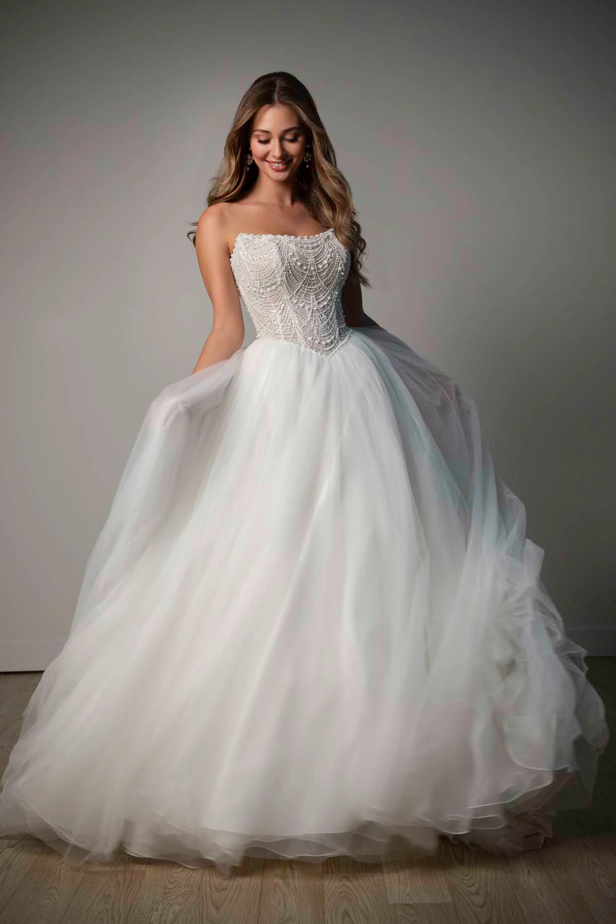 sy8312 Strapless Pearl-Beaded Corset Ballgown with Frothy Tulle Skirt by Stella York