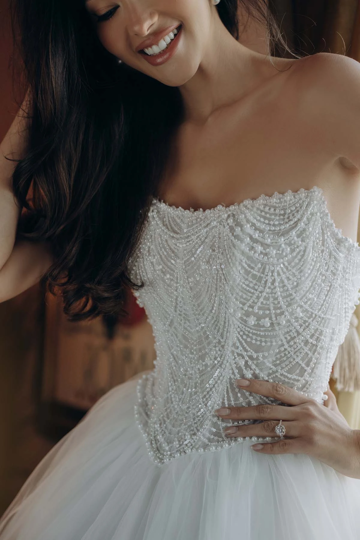 sy8312 Strapless Pearl-Beaded Corset Ballgown with Frothy Tulle Skirt by Stella York