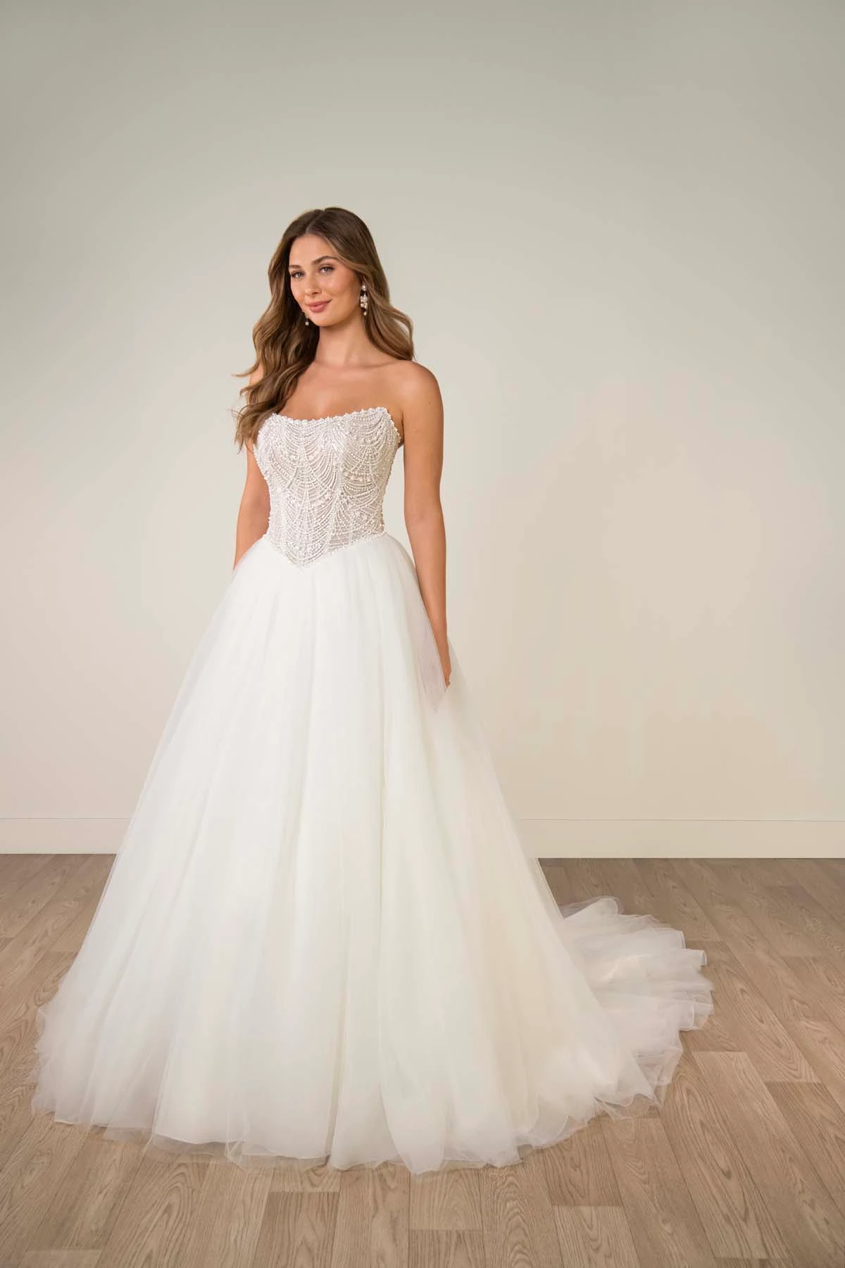 sy8312 Strapless Pearl-Beaded Corset Ballgown with Frothy Tulle Skirt by Stella York