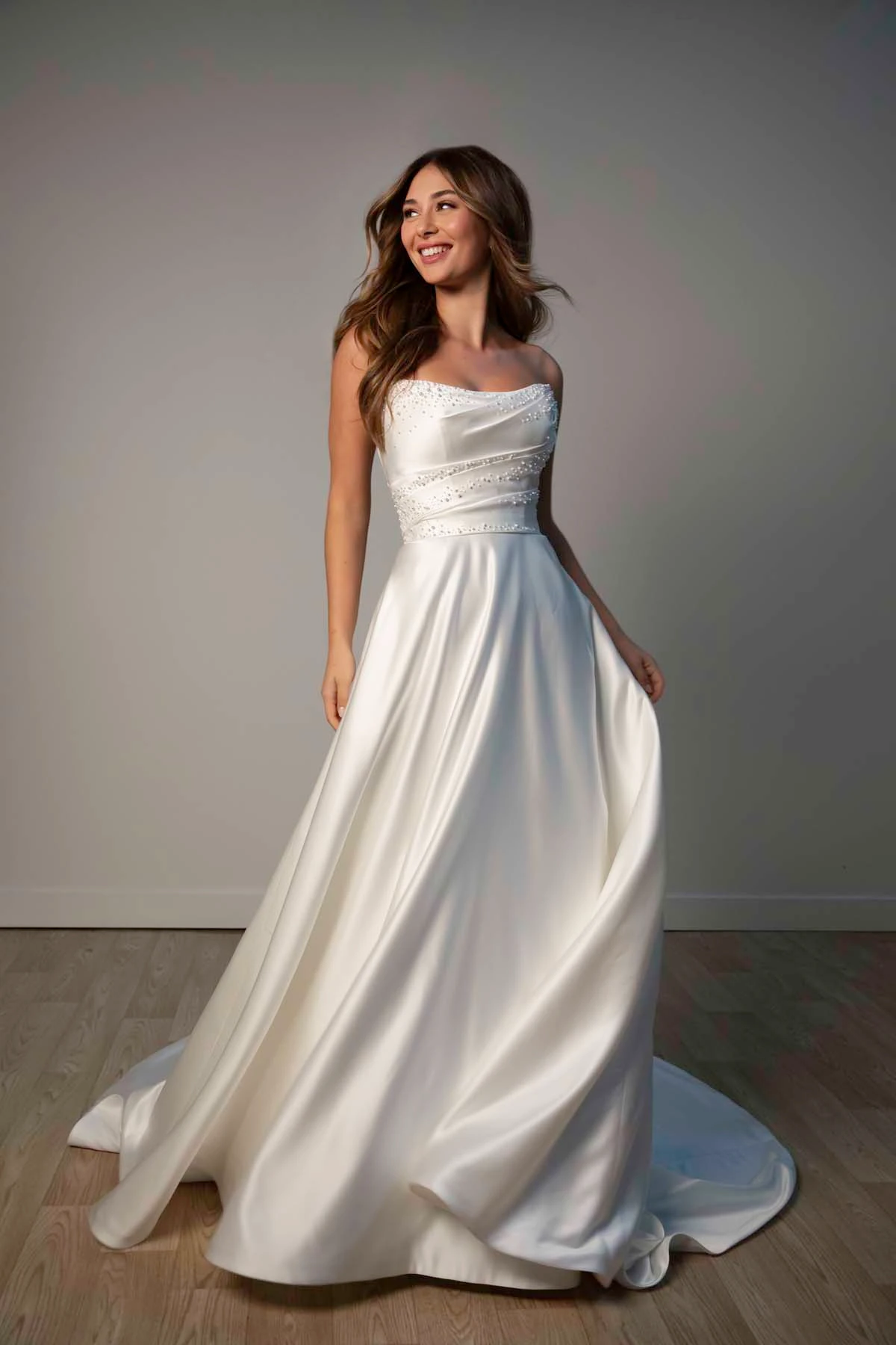 sy8318 Strapless Satin A-Line Wedding Gown with Pearlescent Beading and Pockets by Stella York